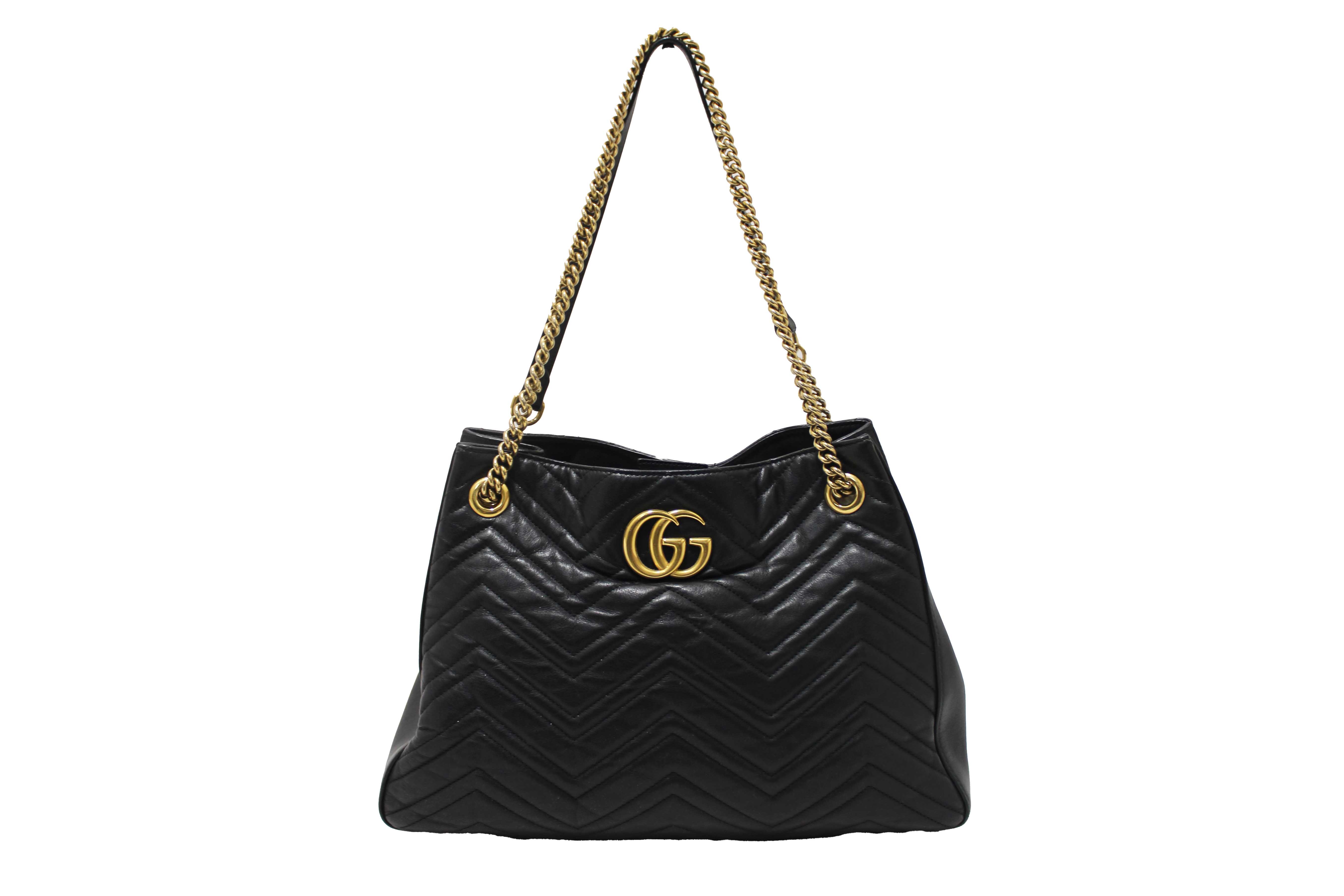 Authentic Gucci Black Leather Marmont Matelasse Medium Shoulder Tote 453569
