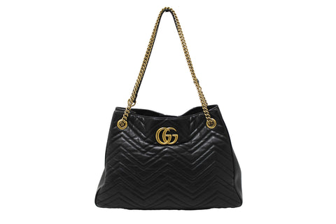 Authentic Gucci Black Leather Marmont Matelasse Medium Shoulder Tote 453569