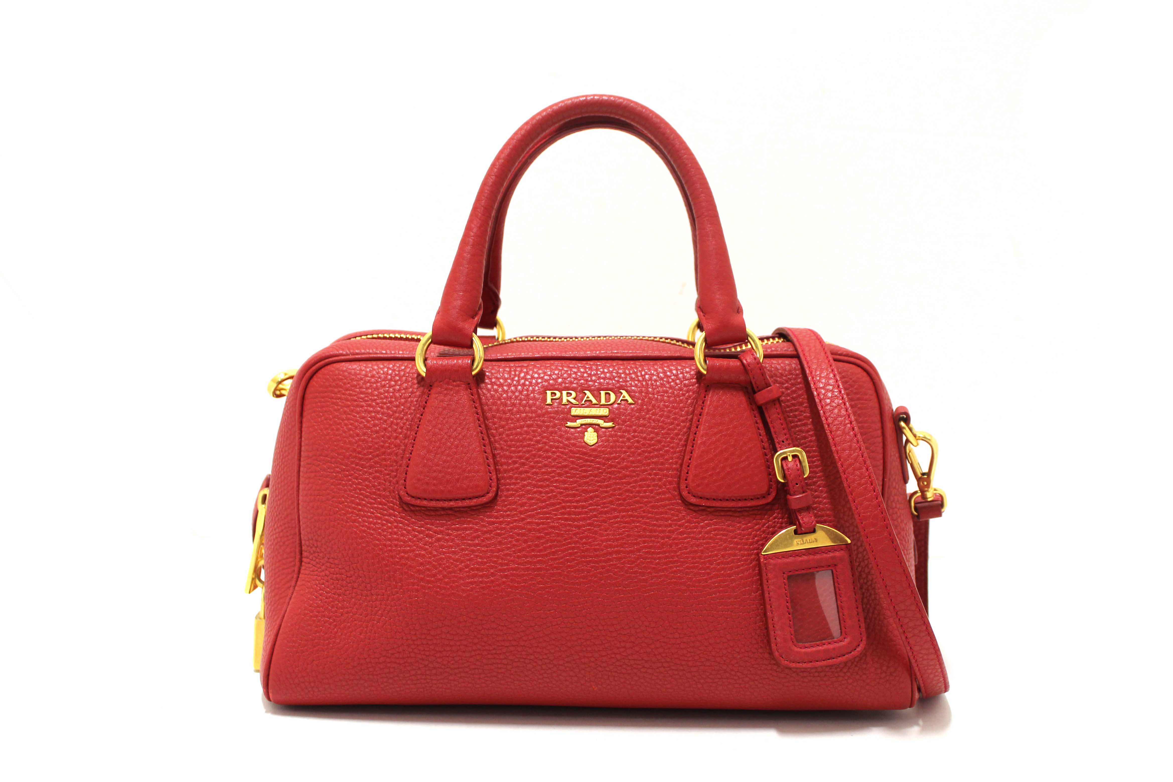 Authentic Prada Red Vitello Daino Bauletto Leather Bowling Bag