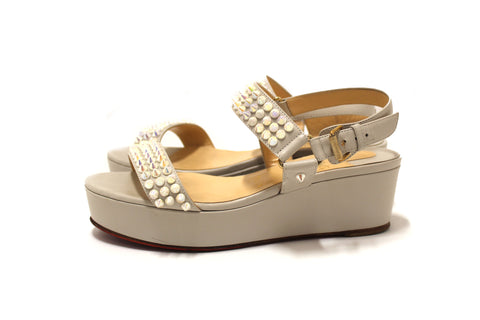 Authentic Christian Louboutin White Leather Cordorella Spikes Flatform Sandals Size 37.5