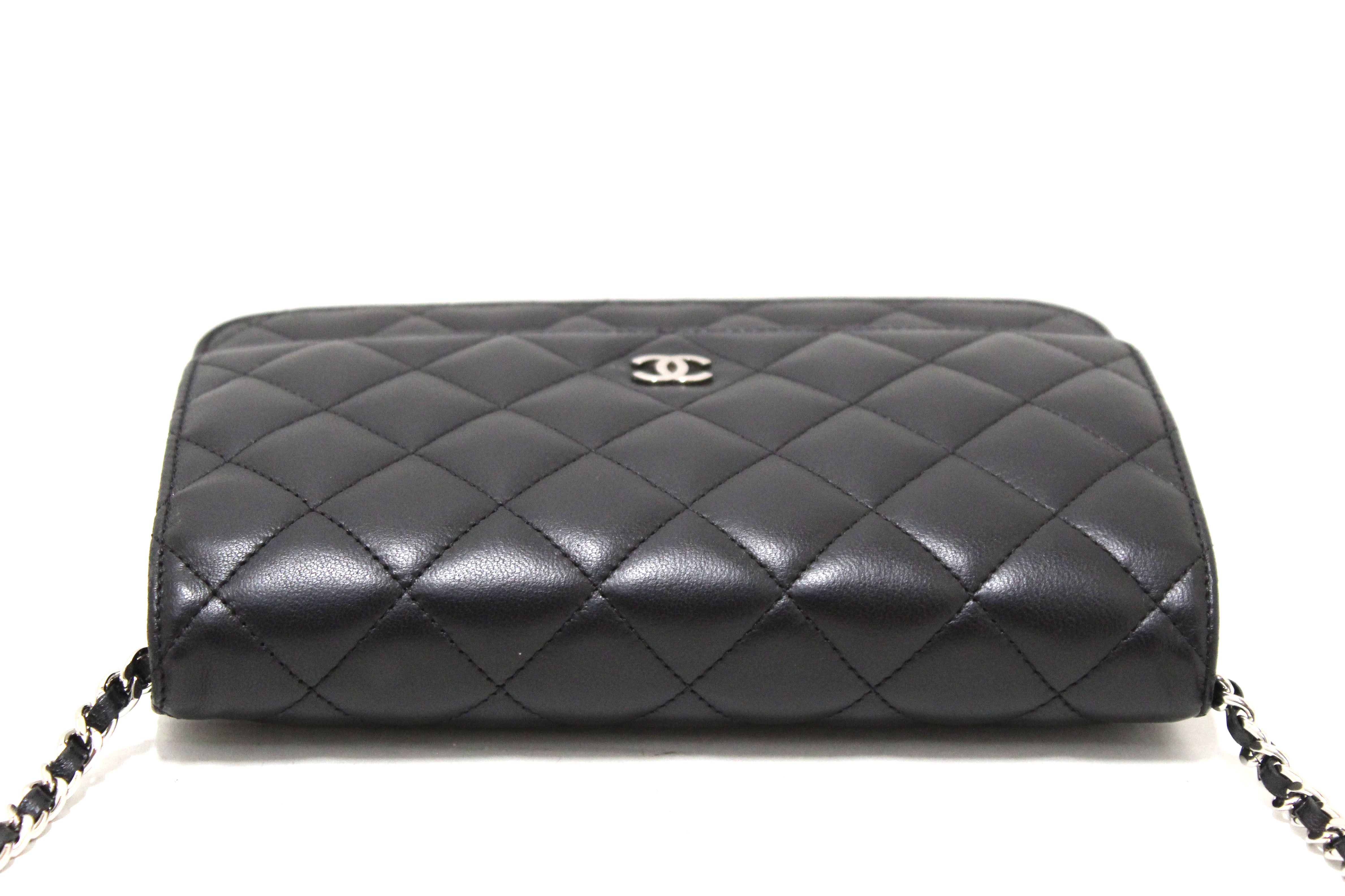 Authentic Chanel Black Quilted Lambskin Leather Wallet On Chain WOC Messenger Bag