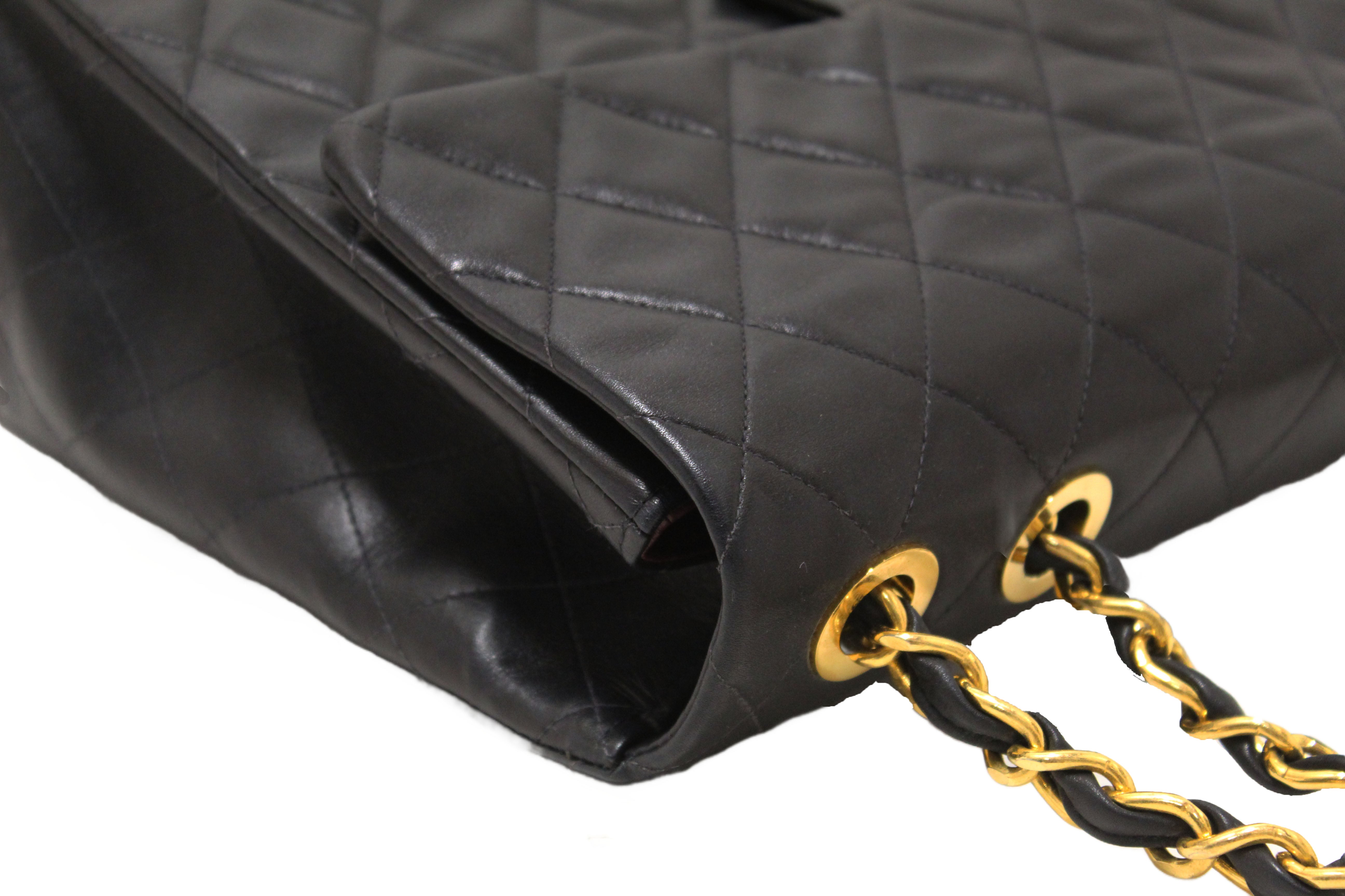 Authentic Chanel Vintage Black Quilted Lambskin Leather Classic Maxi Flap Bag