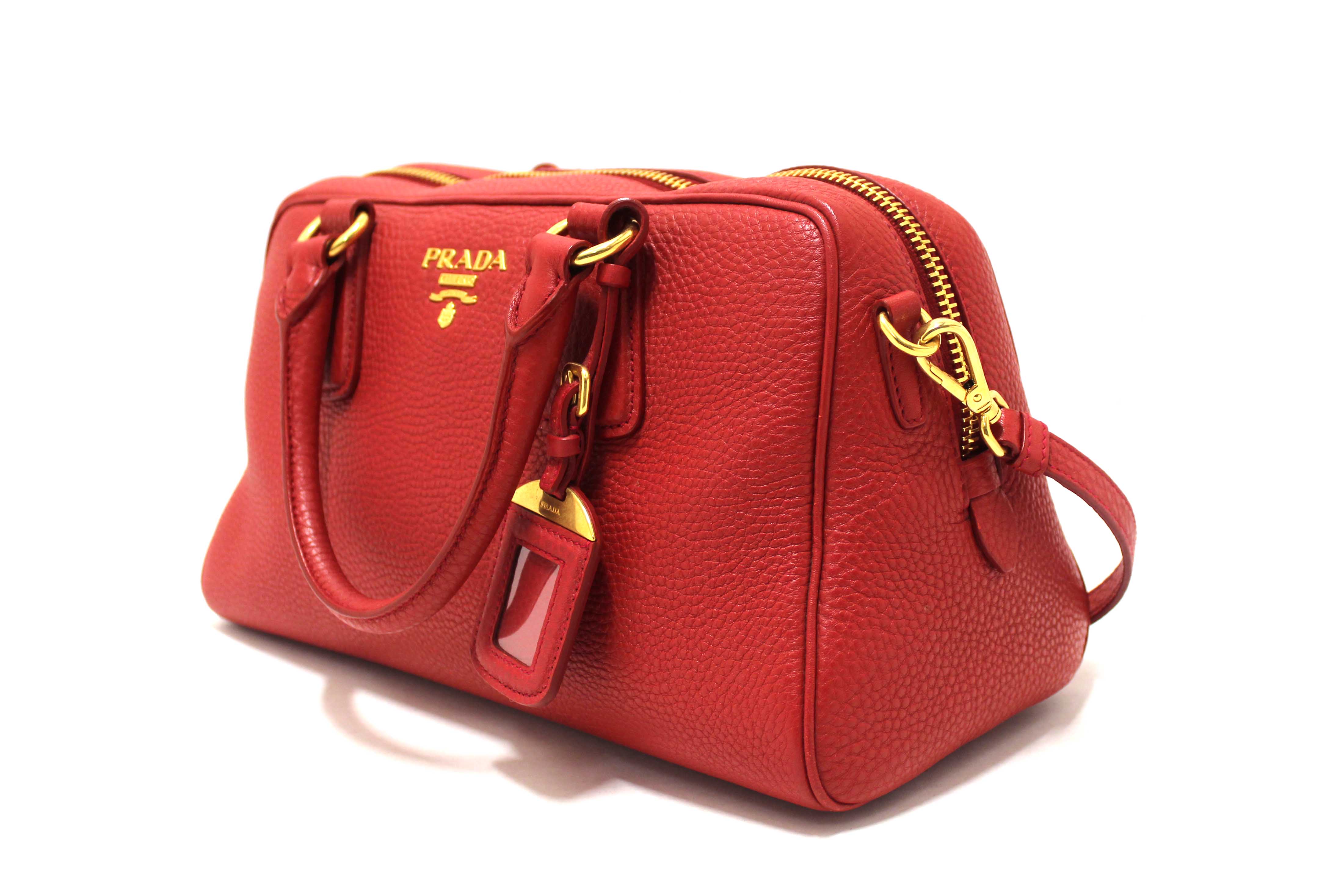 Authentic Prada Red Vitello Daino Bauletto Leather Bowling Bag