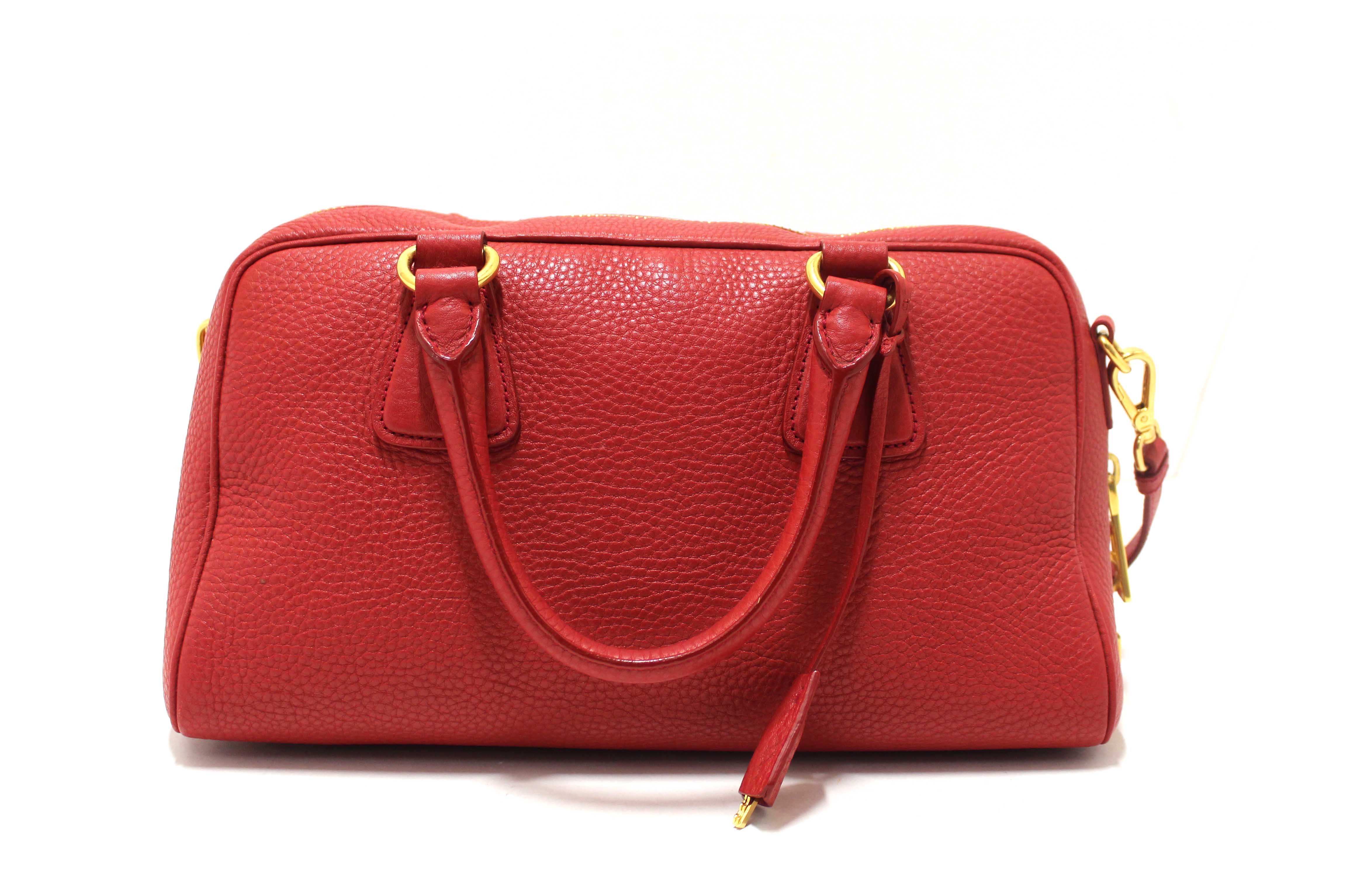 Authentic Prada Red Vitello Daino Bauletto Leather Bowling Bag