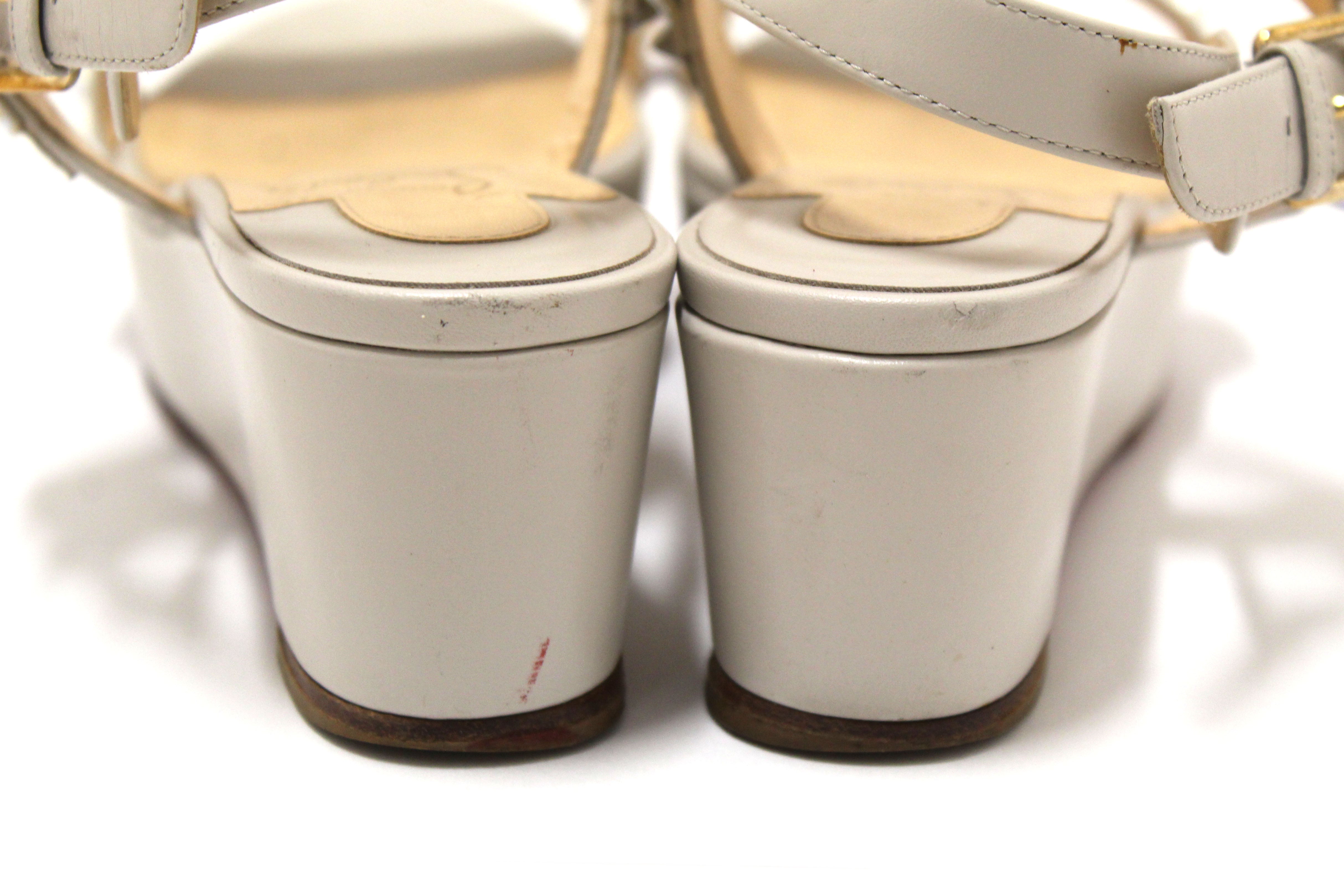 Authentic Christian Louboutin White Leather Cordorella Spikes Flatform Sandals Size 37.5