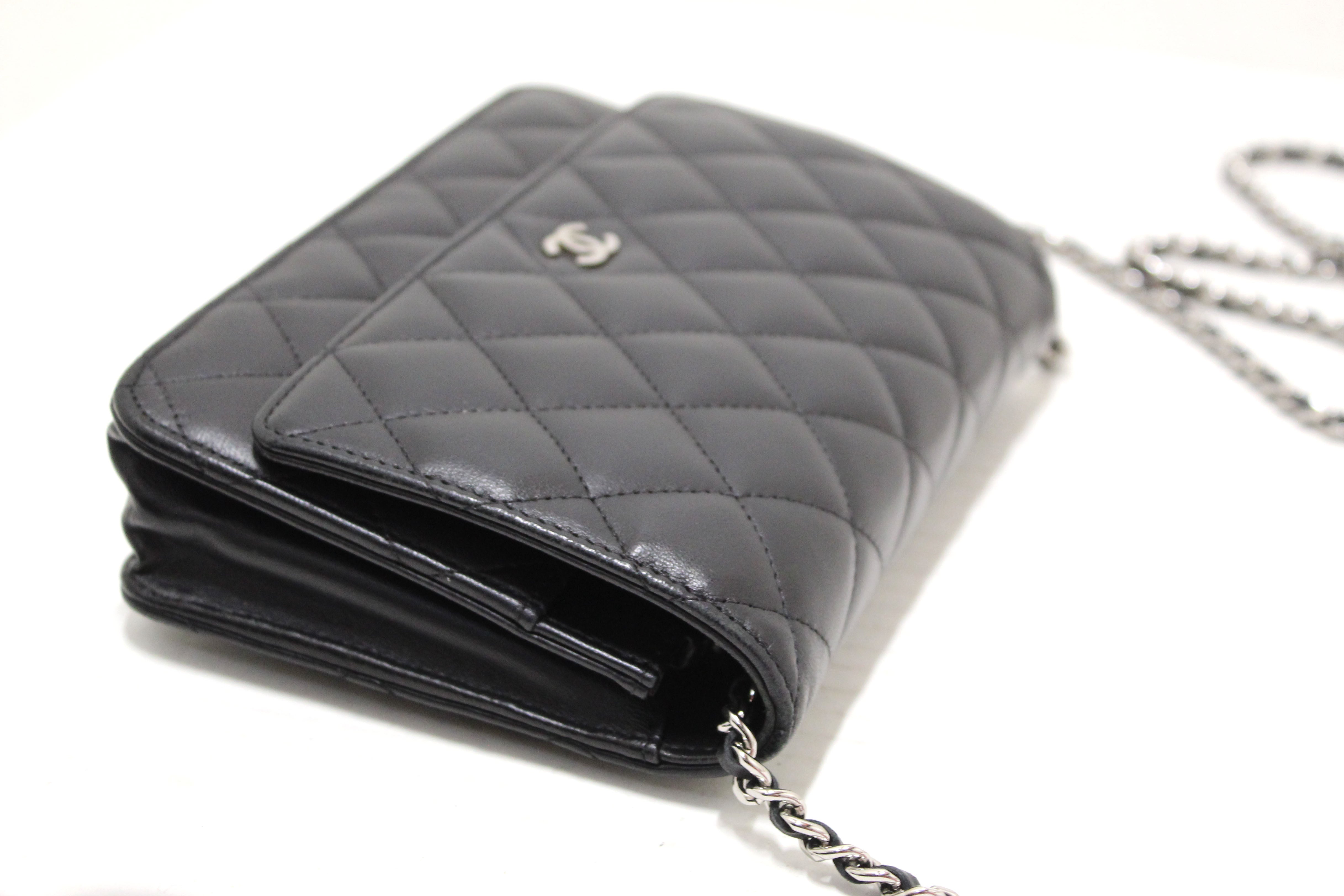 Authentic Chanel Black Quilted Lambskin Leather Wallet On Chain WOC Messenger Bag