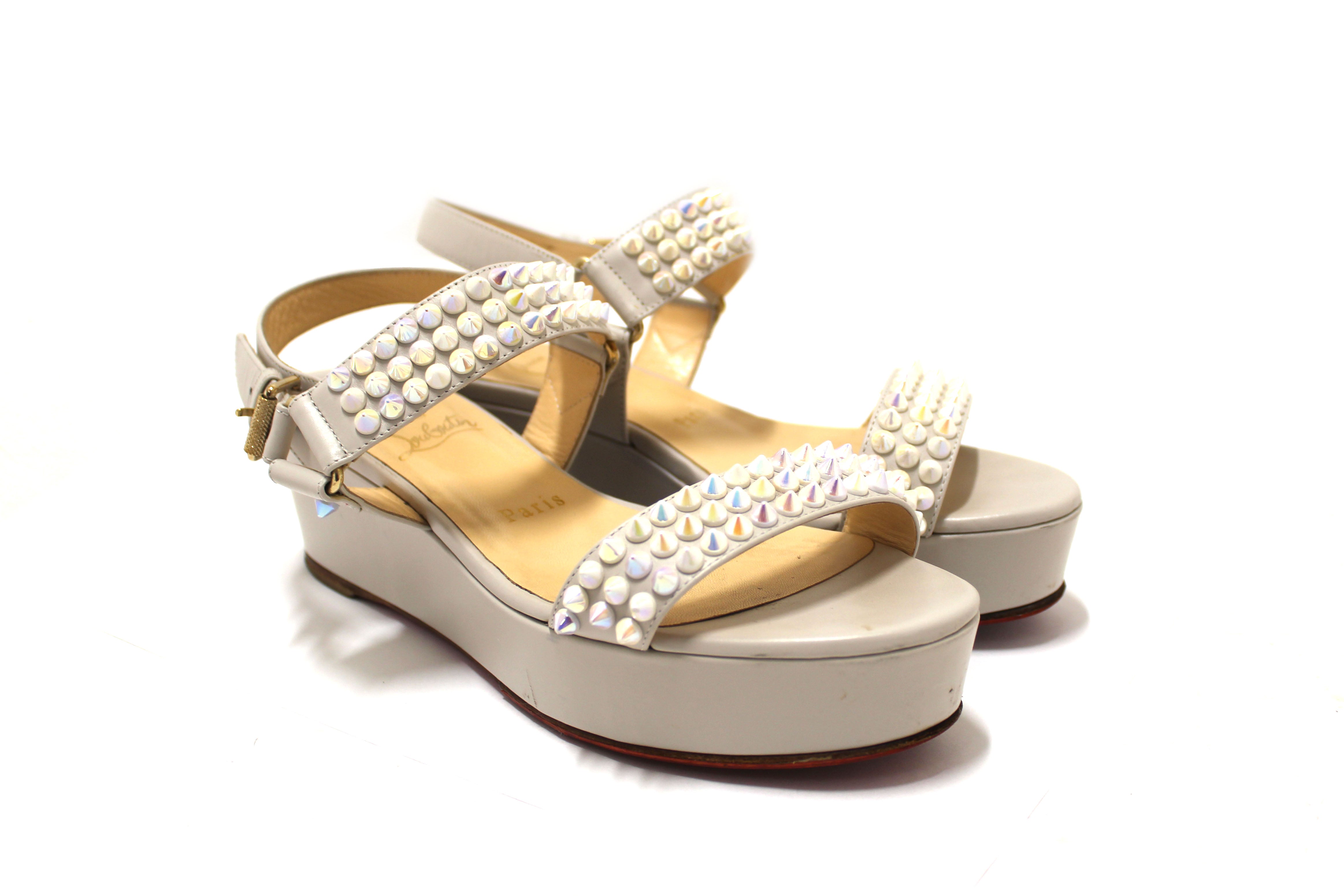 Authentic Christian Louboutin White Leather Cordorella Spikes Flatform Sandals Size 37.5