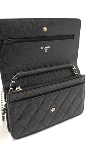Authentic Chanel Black Quilted Caviar Leather Wallet On Chain WOC Messenger Bag