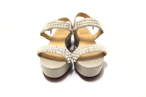 Authentic Christian Louboutin White Leather Cordorella Spikes Flatform Sandals Size 37.5