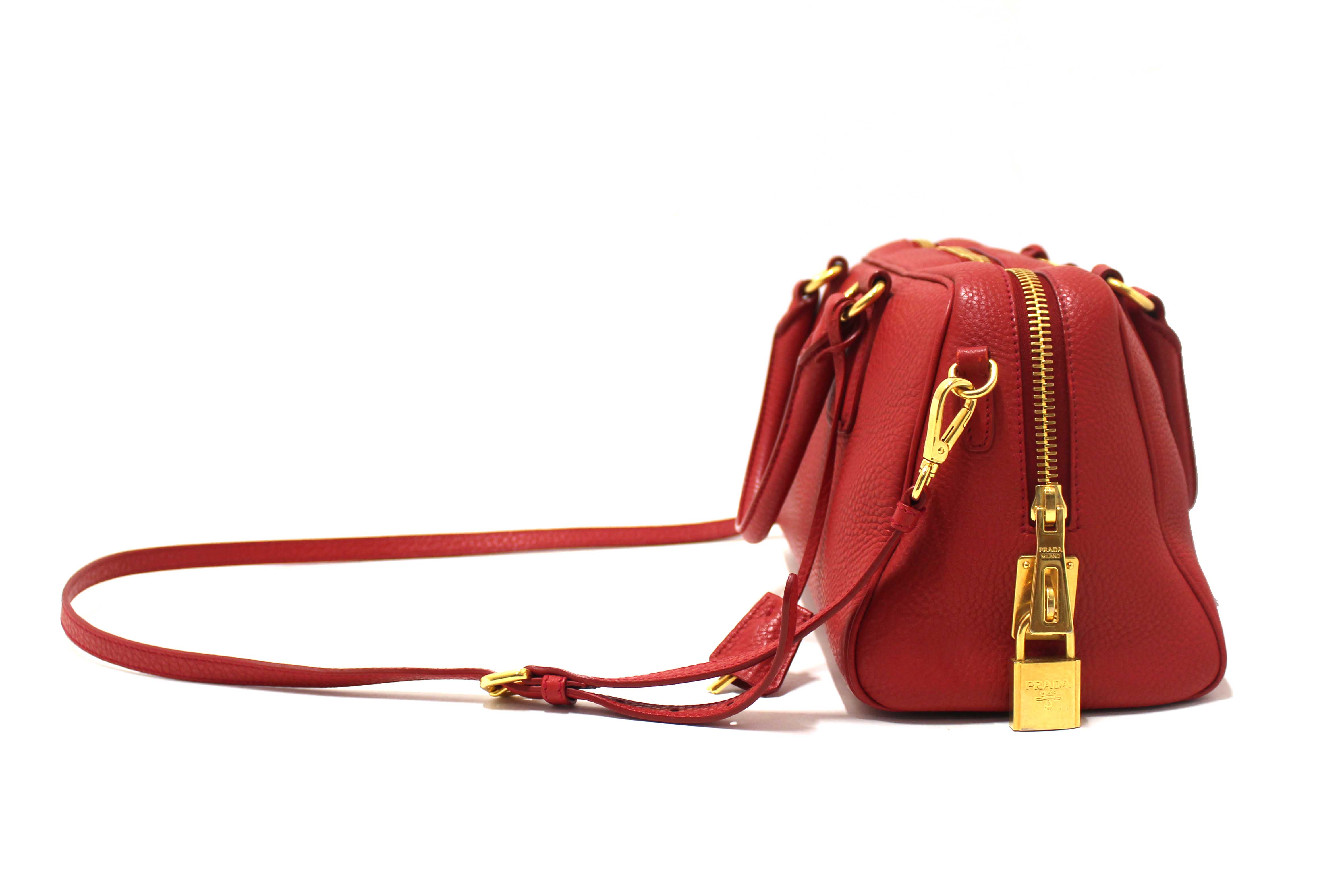 Authentic Prada Red Vitello Daino Bauletto Leather Bowling Bag