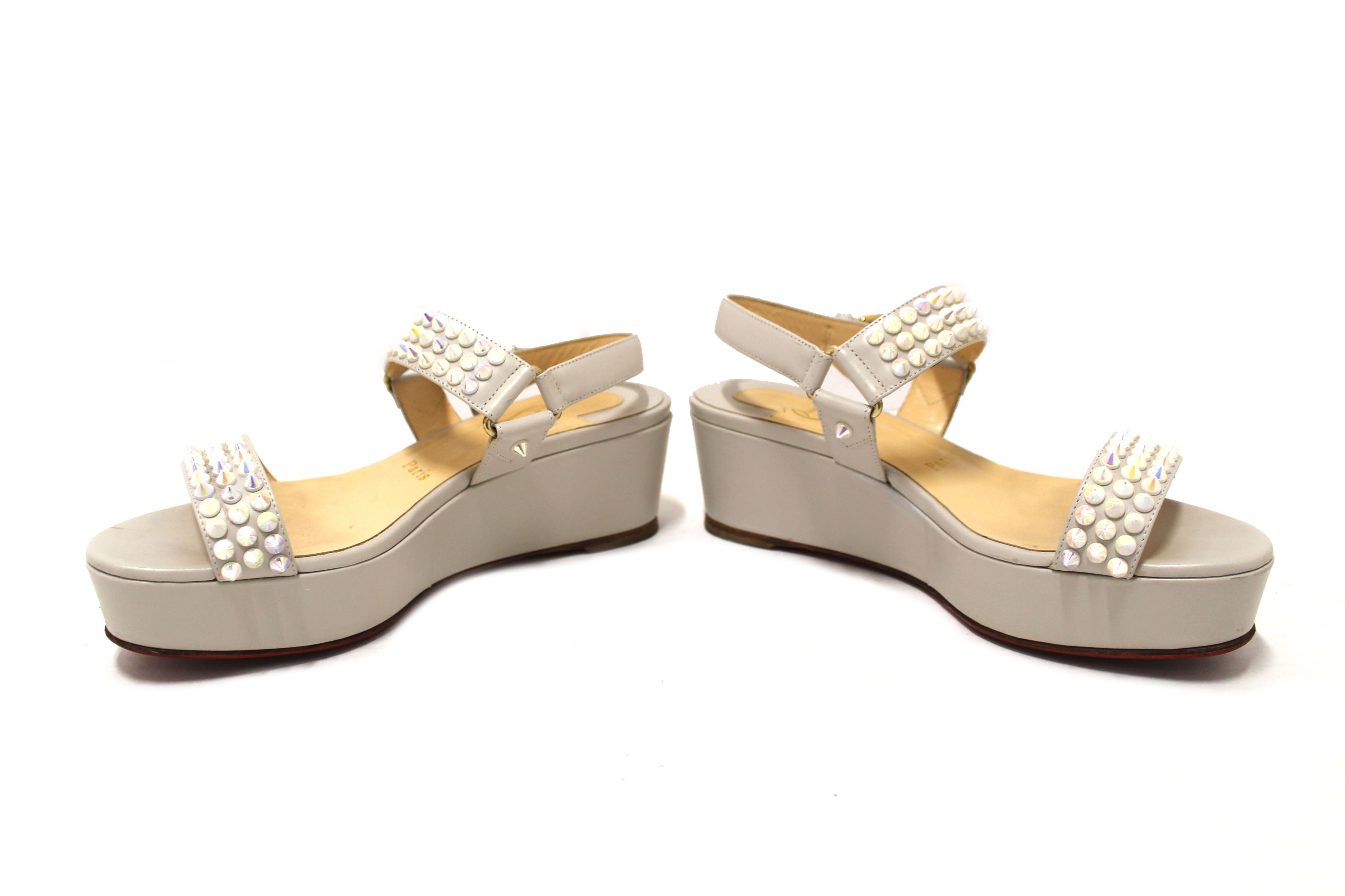 Authentic Christian Louboutin White Leather Cordorella Spikes Flatform Sandals Size 37.5