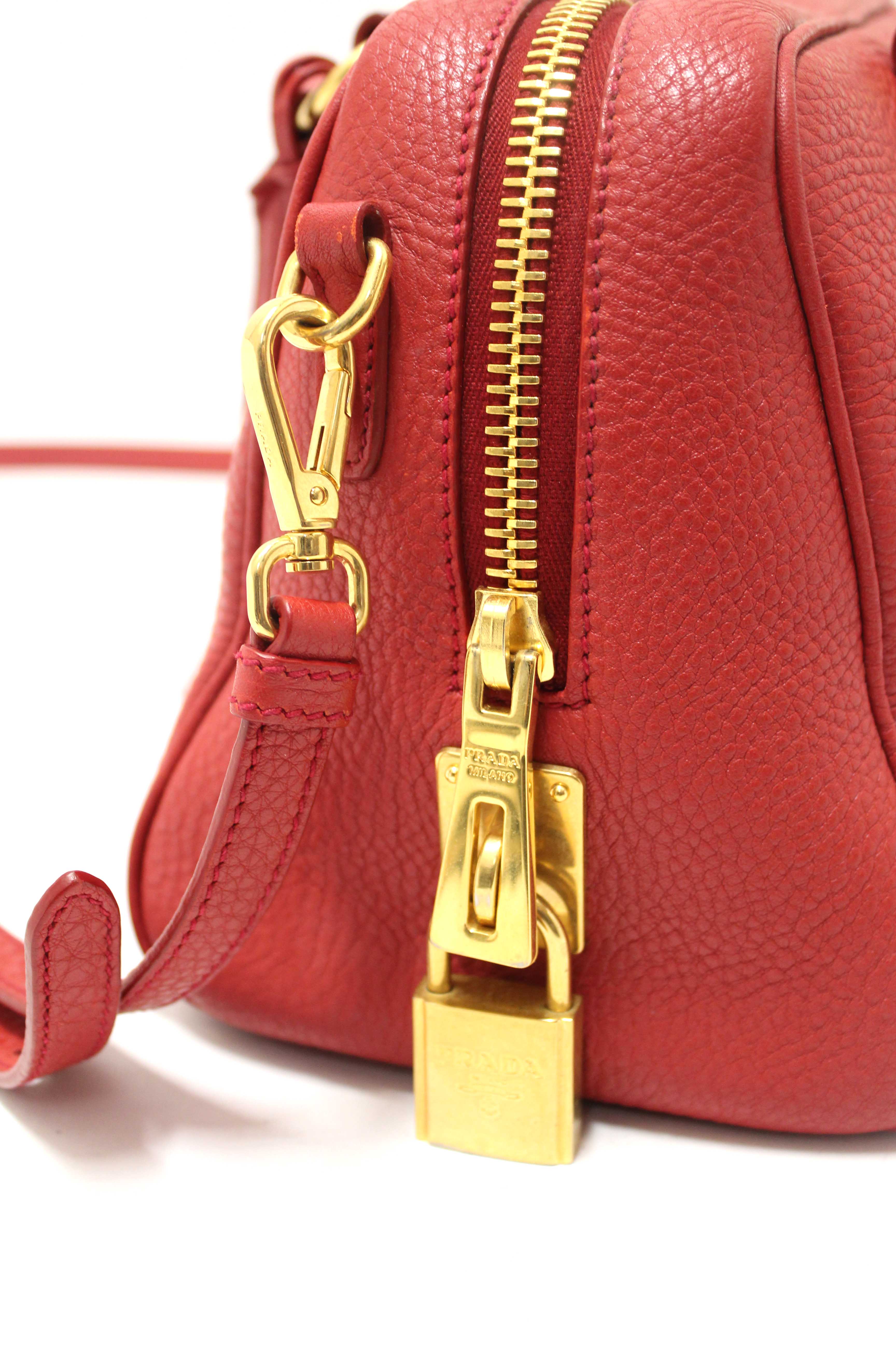 Authentic Prada Red Vitello Daino Bauletto Leather Bowling Bag