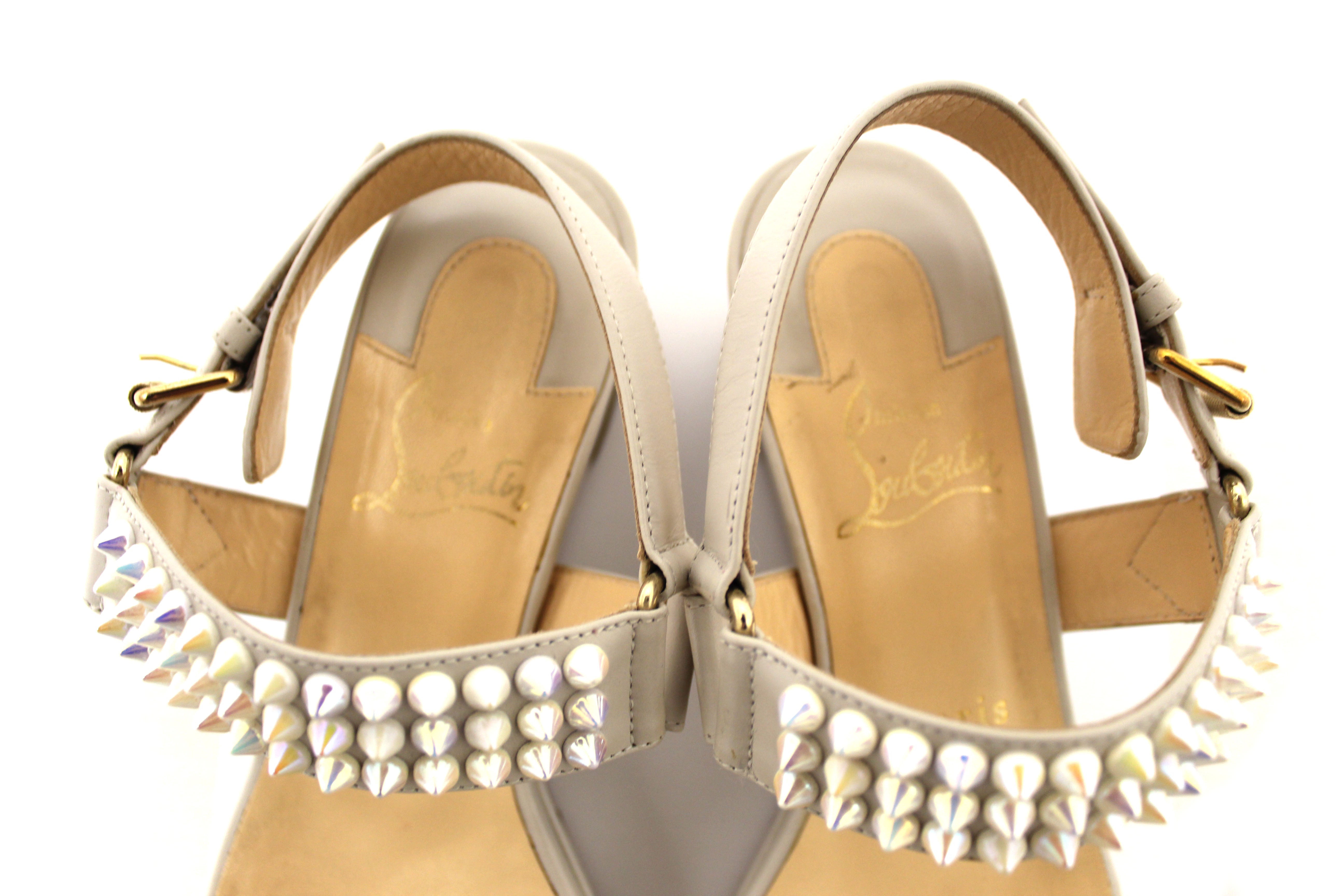 Authentic Christian Louboutin White Leather Cordorella Spikes Flatform Sandals Size 37.5