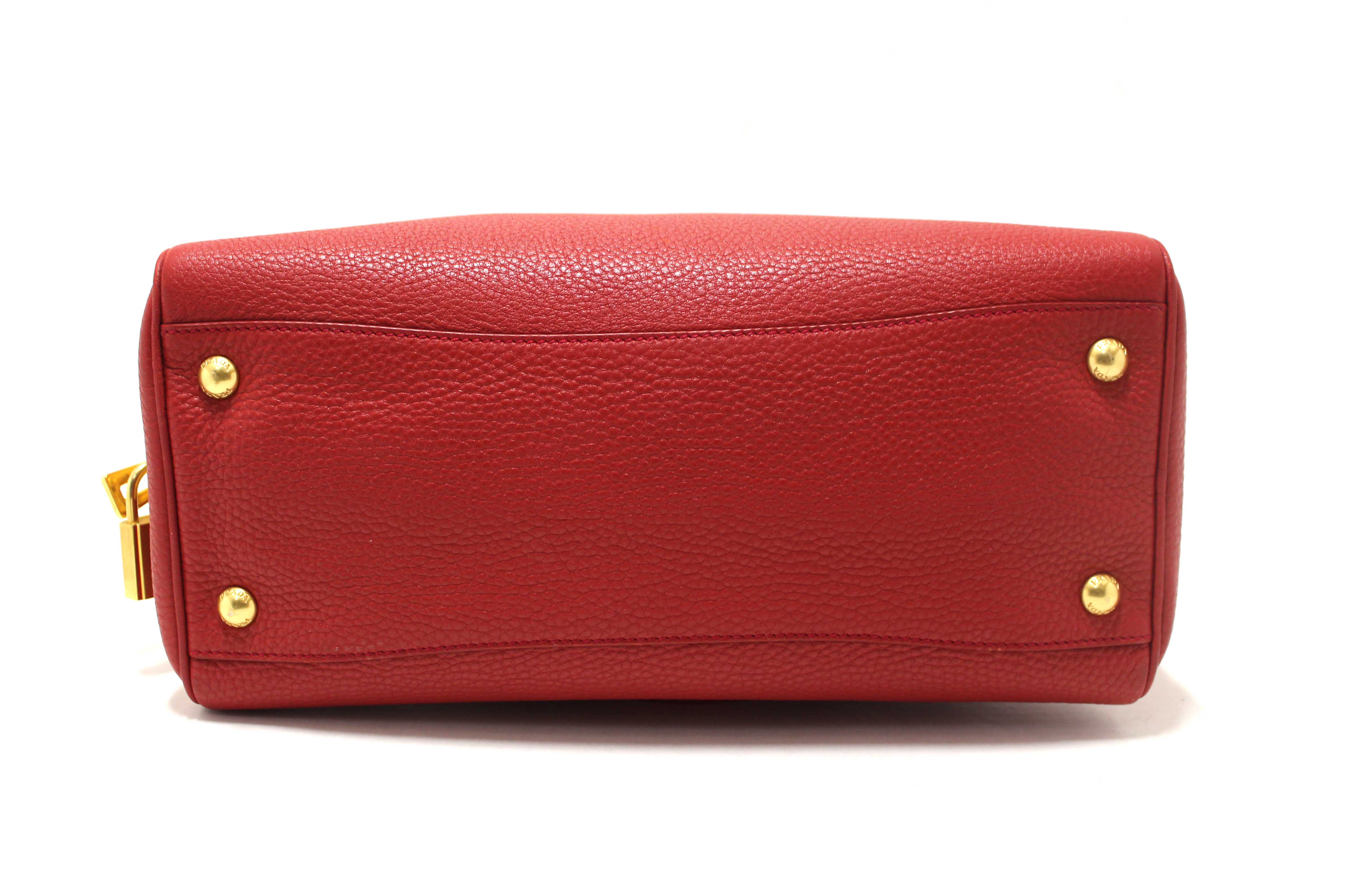 Authentic Prada Red Vitello Daino Bauletto Leather Bowling Bag