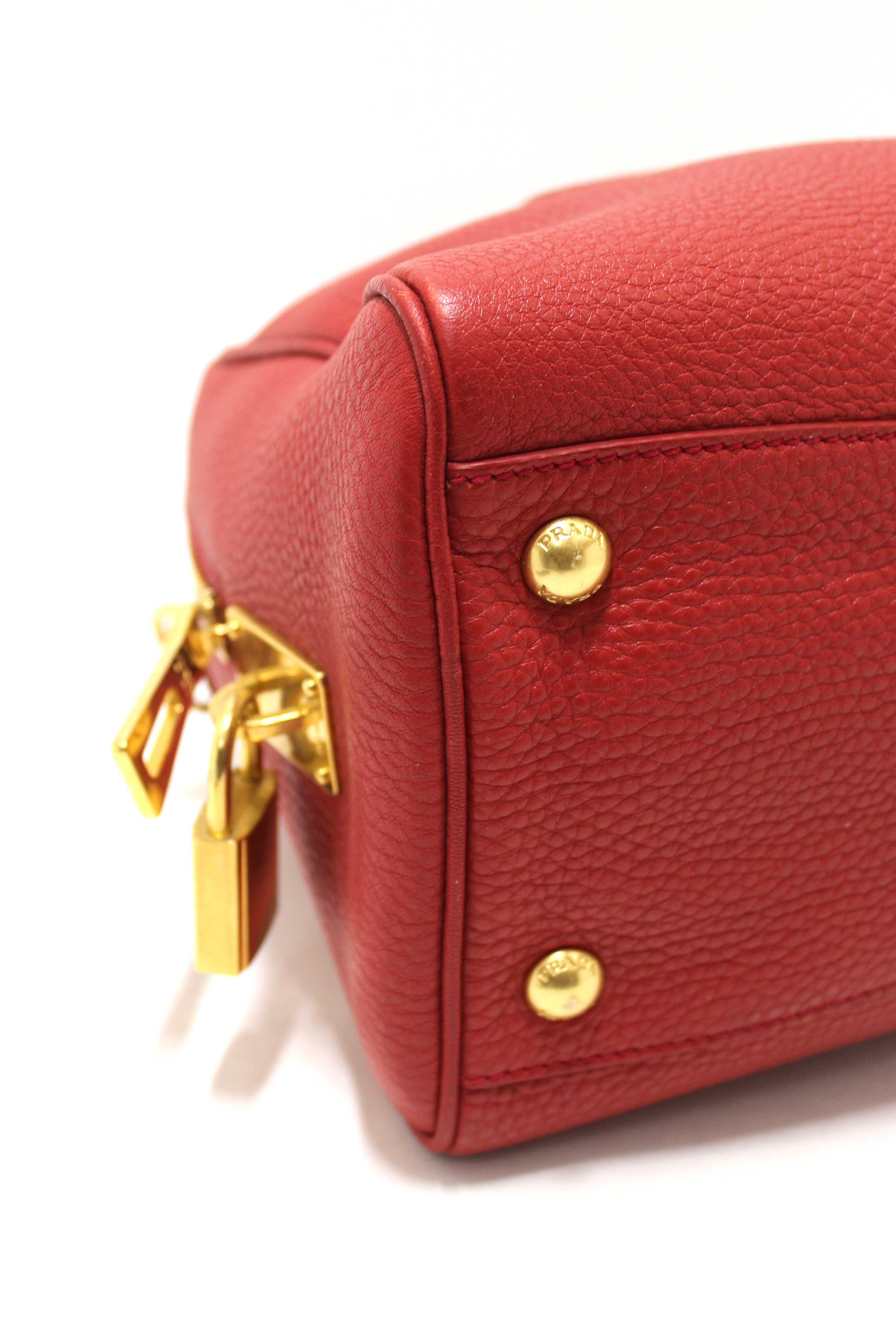 Authentic Prada Red Vitello Daino Bauletto Leather Bowling Bag