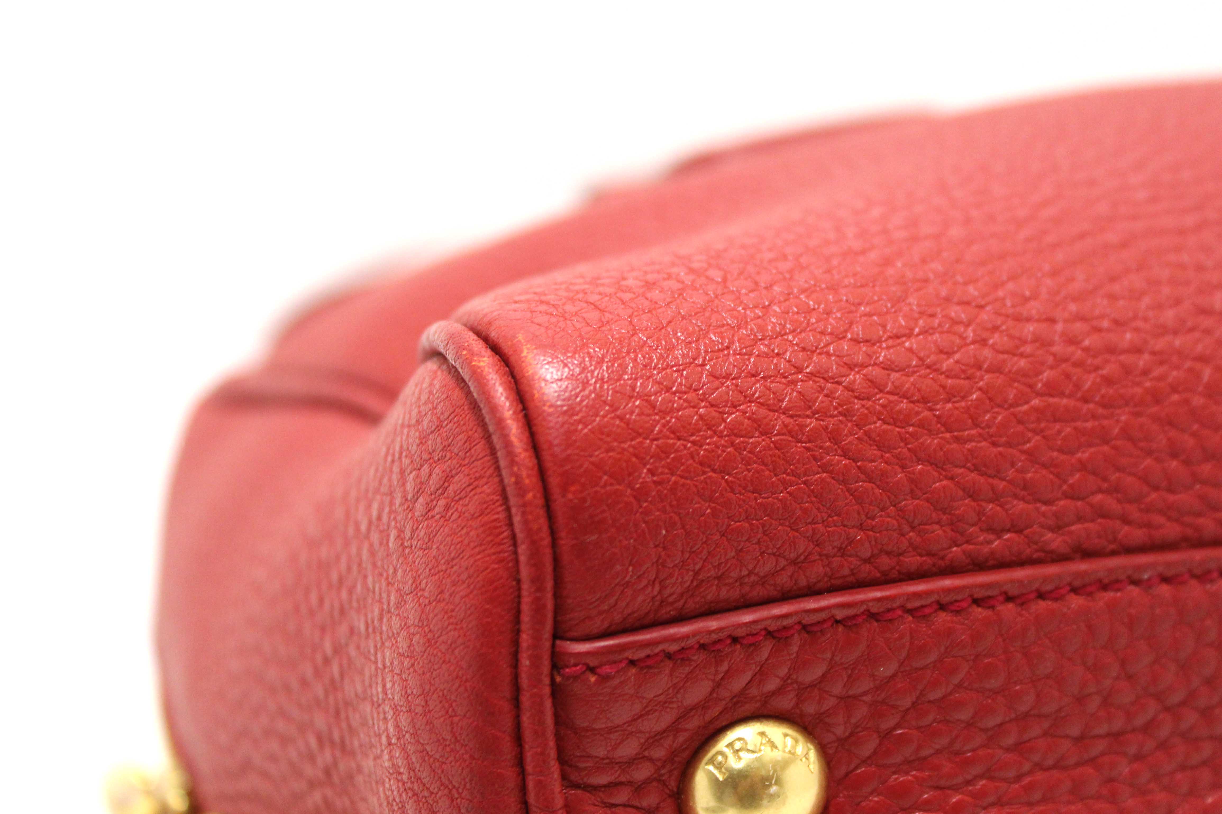 Authentic Prada Red Vitello Daino Bauletto Leather Bowling Bag