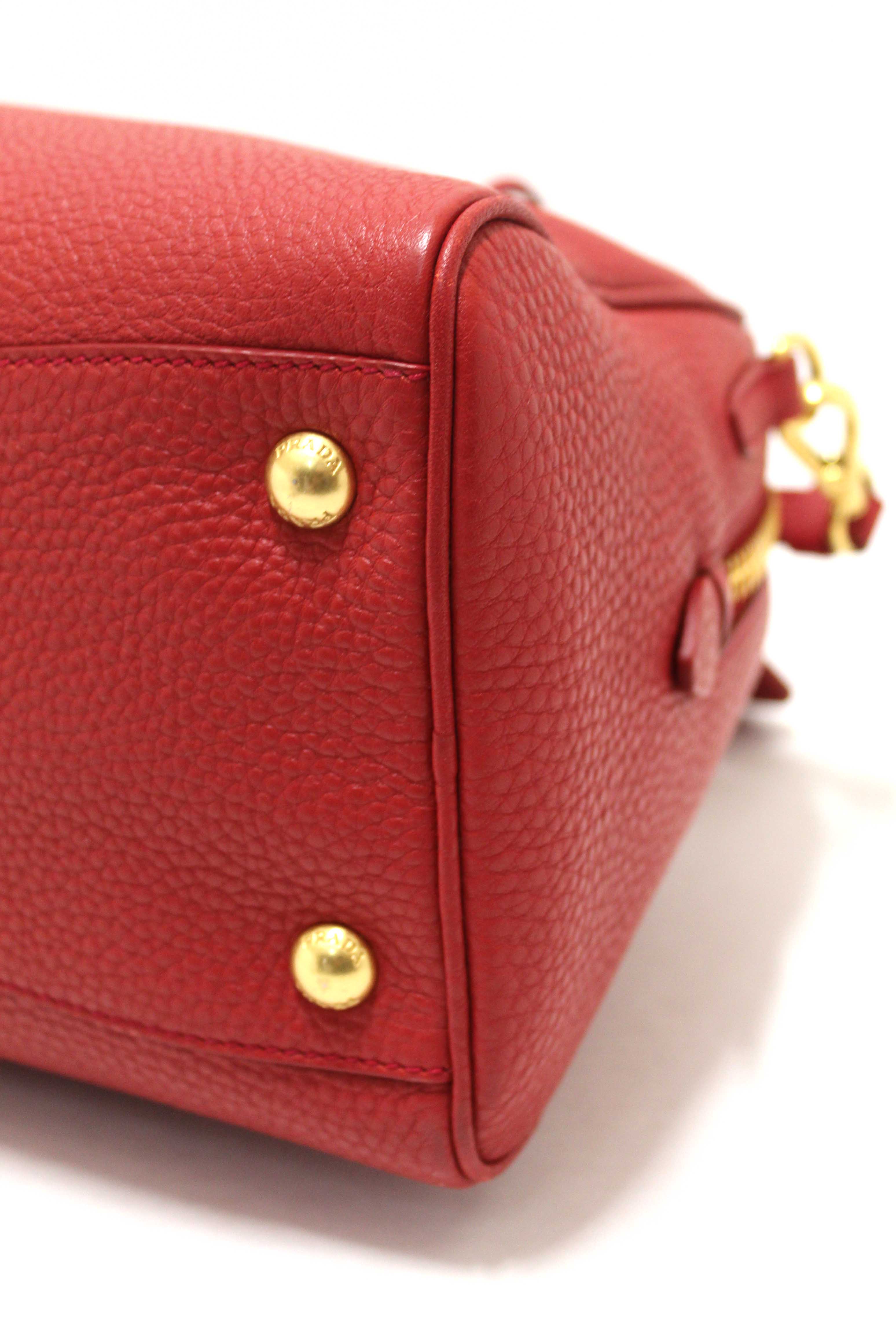 Authentic Prada Red Vitello Daino Bauletto Leather Bowling Bag