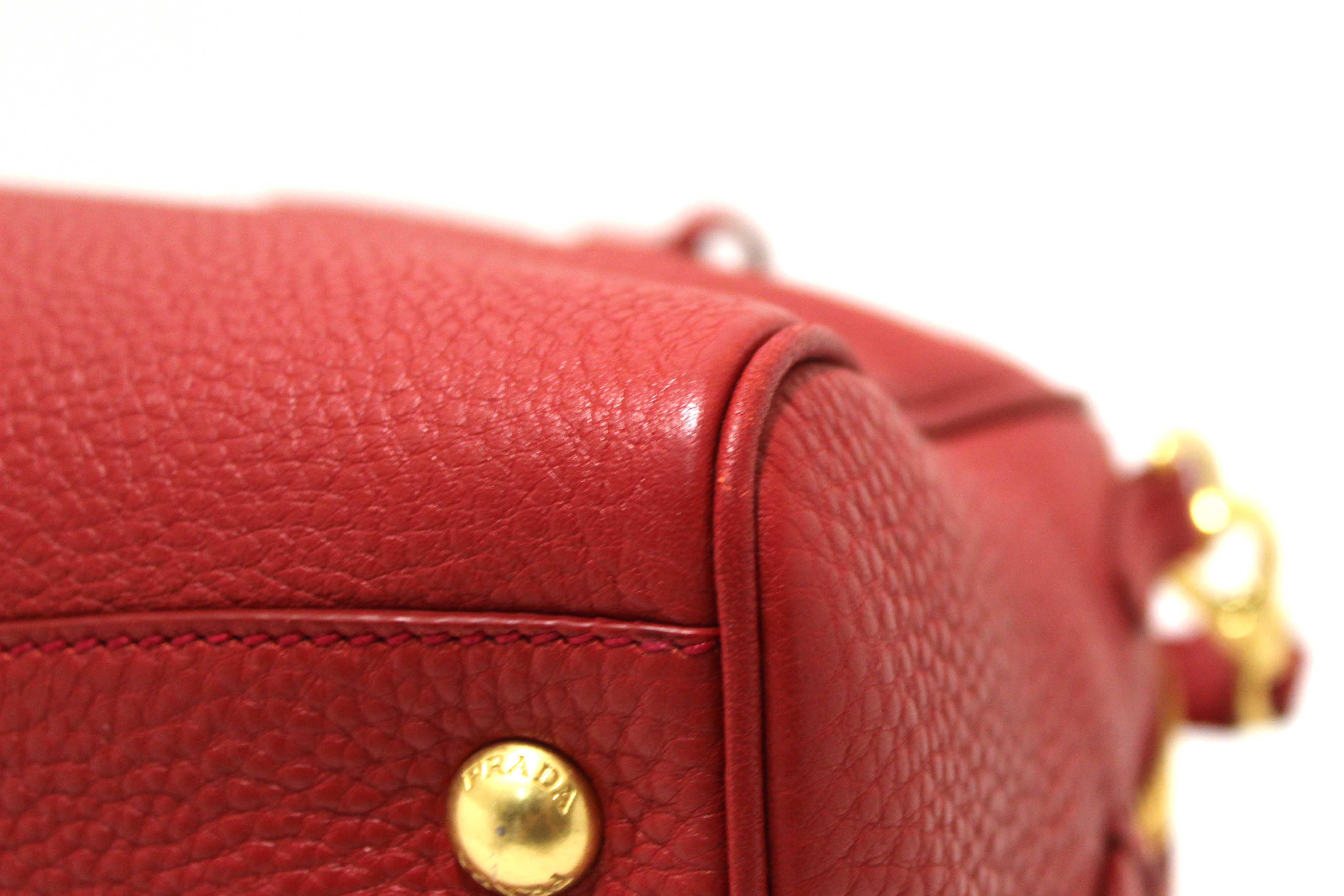 Authentic Prada Red Vitello Daino Bauletto Leather Bowling Bag