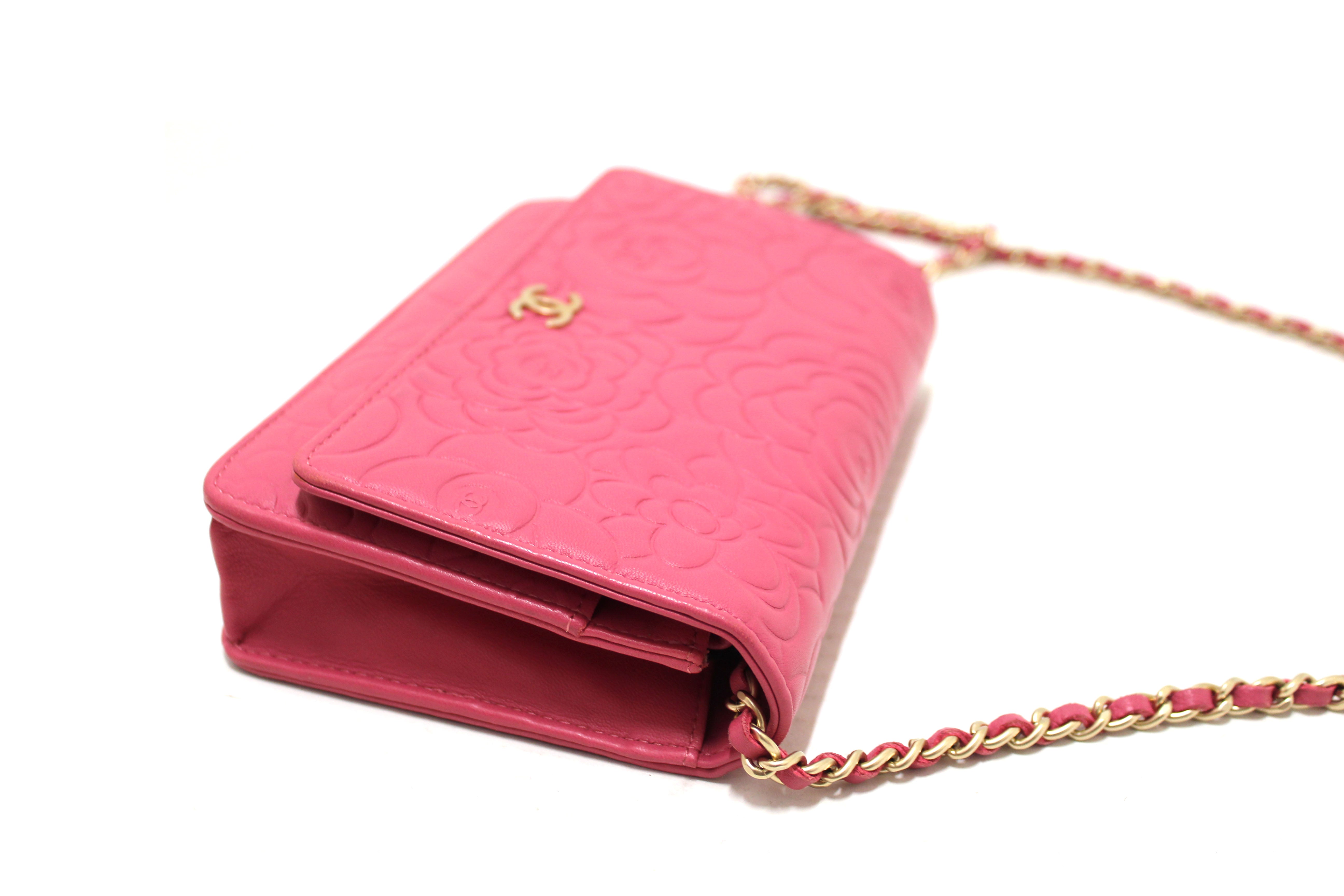 Authentic Chanel Pink Camellia Lambskin Leather Wallet On Chain/Clutch Bag