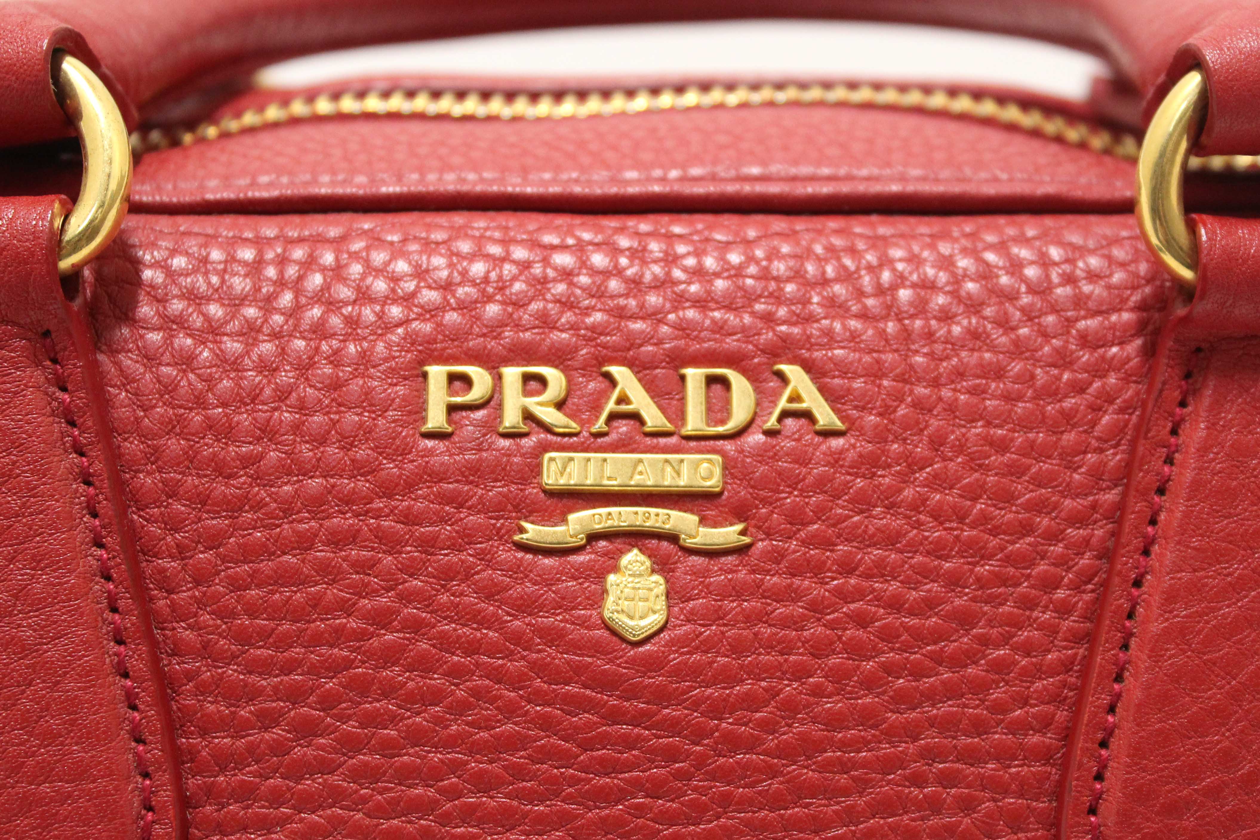 Authentic Prada Red Vitello Daino Bauletto Leather Bowling Bag
