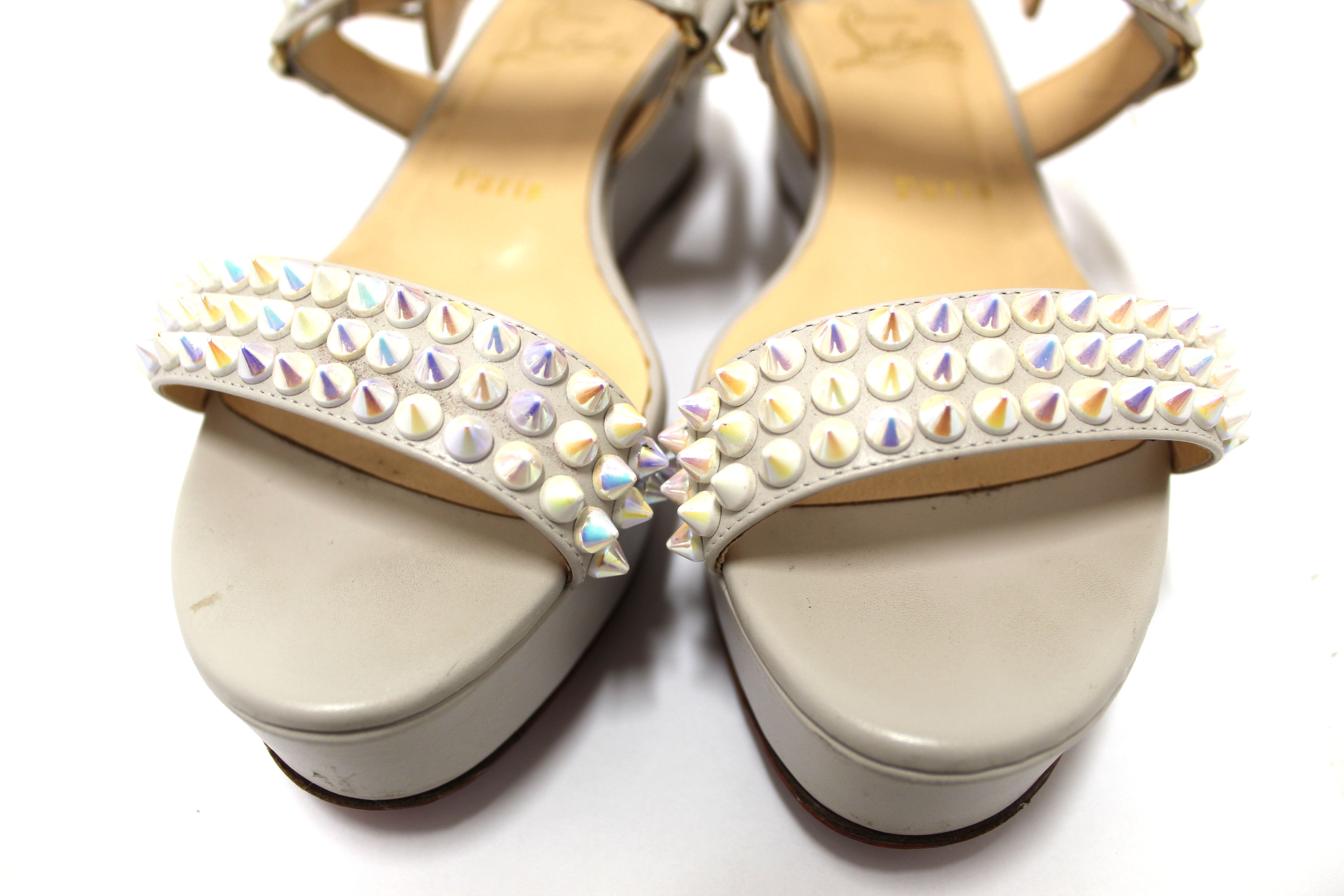 Authentic Christian Louboutin White Leather Cordorella Spikes Flatform Sandals Size 37.5