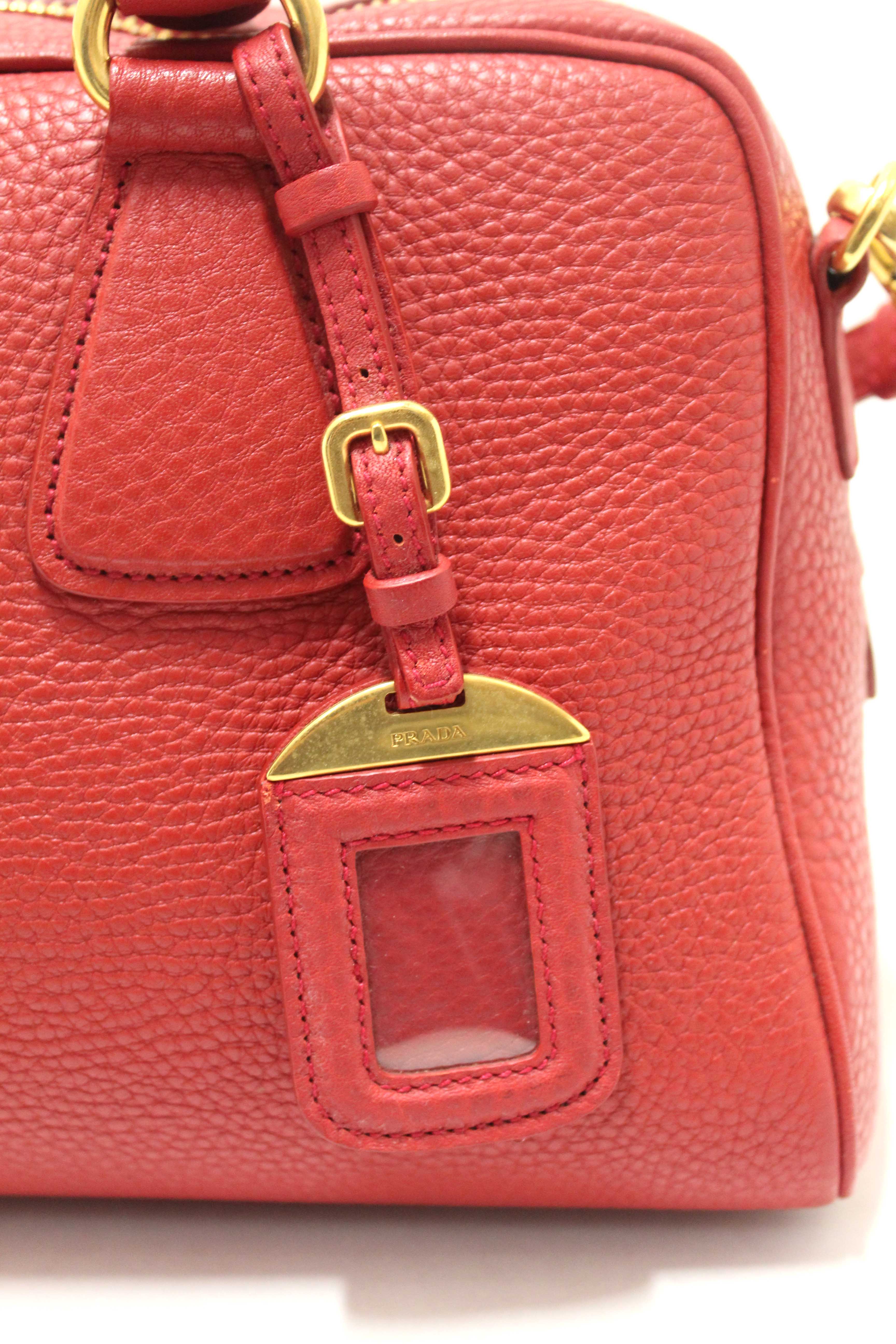 Authentic Prada Red Vitello Daino Bauletto Leather Bowling Bag