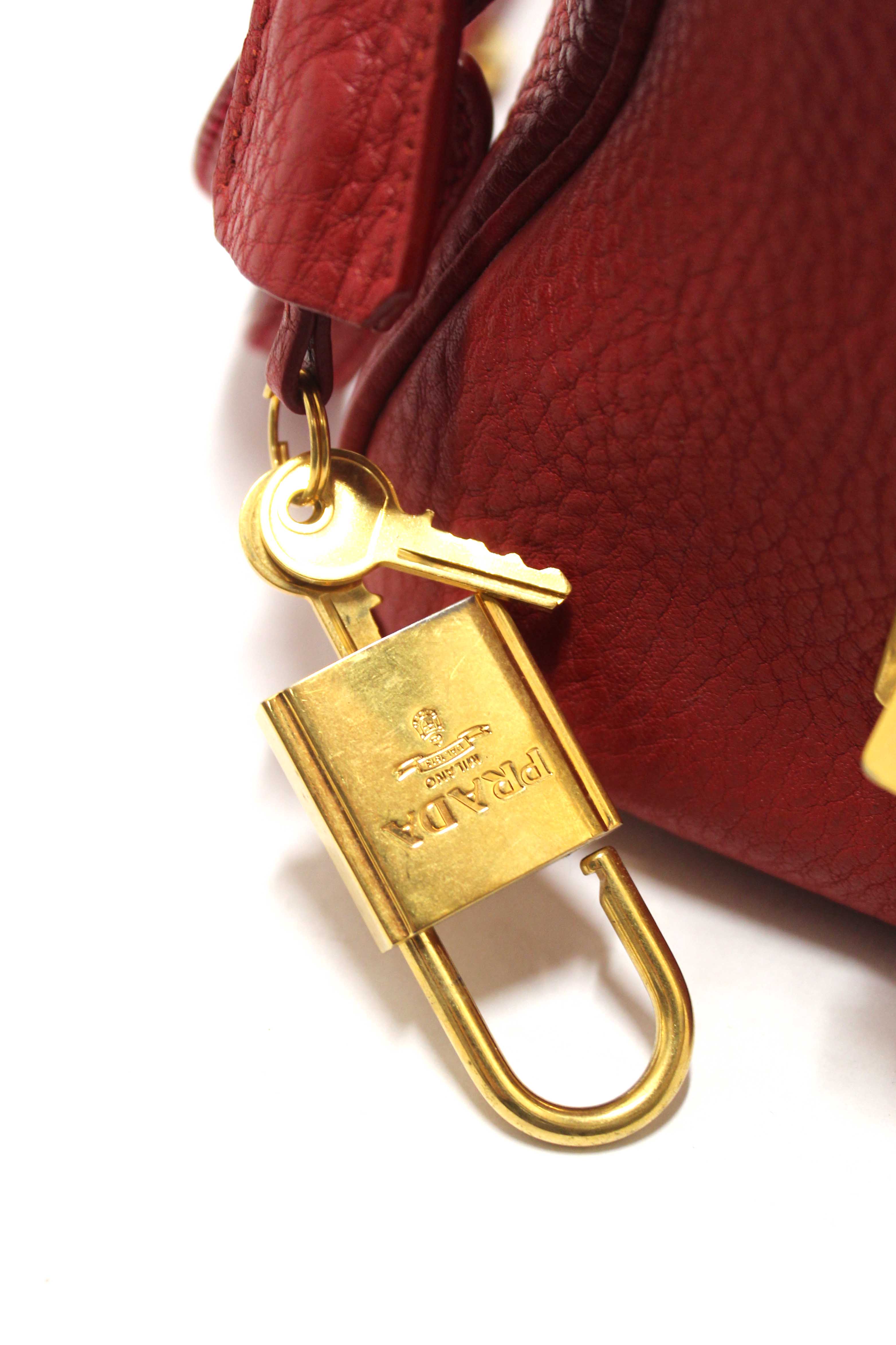 Authentic Prada Red Vitello Daino Bauletto Leather Bowling Bag