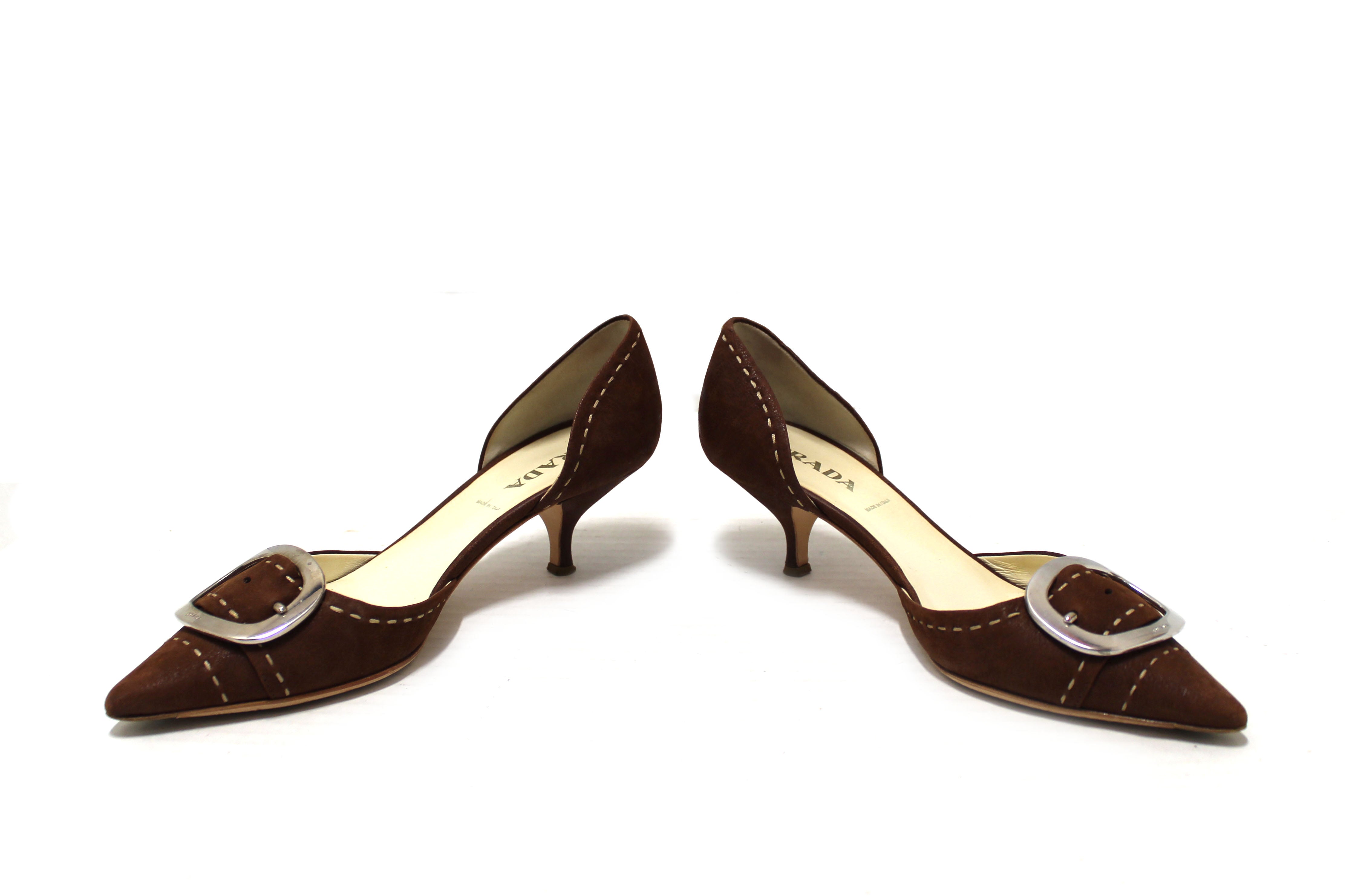 Authentic Prada Brown Suede Buckle Kitten Heels Size – Paris