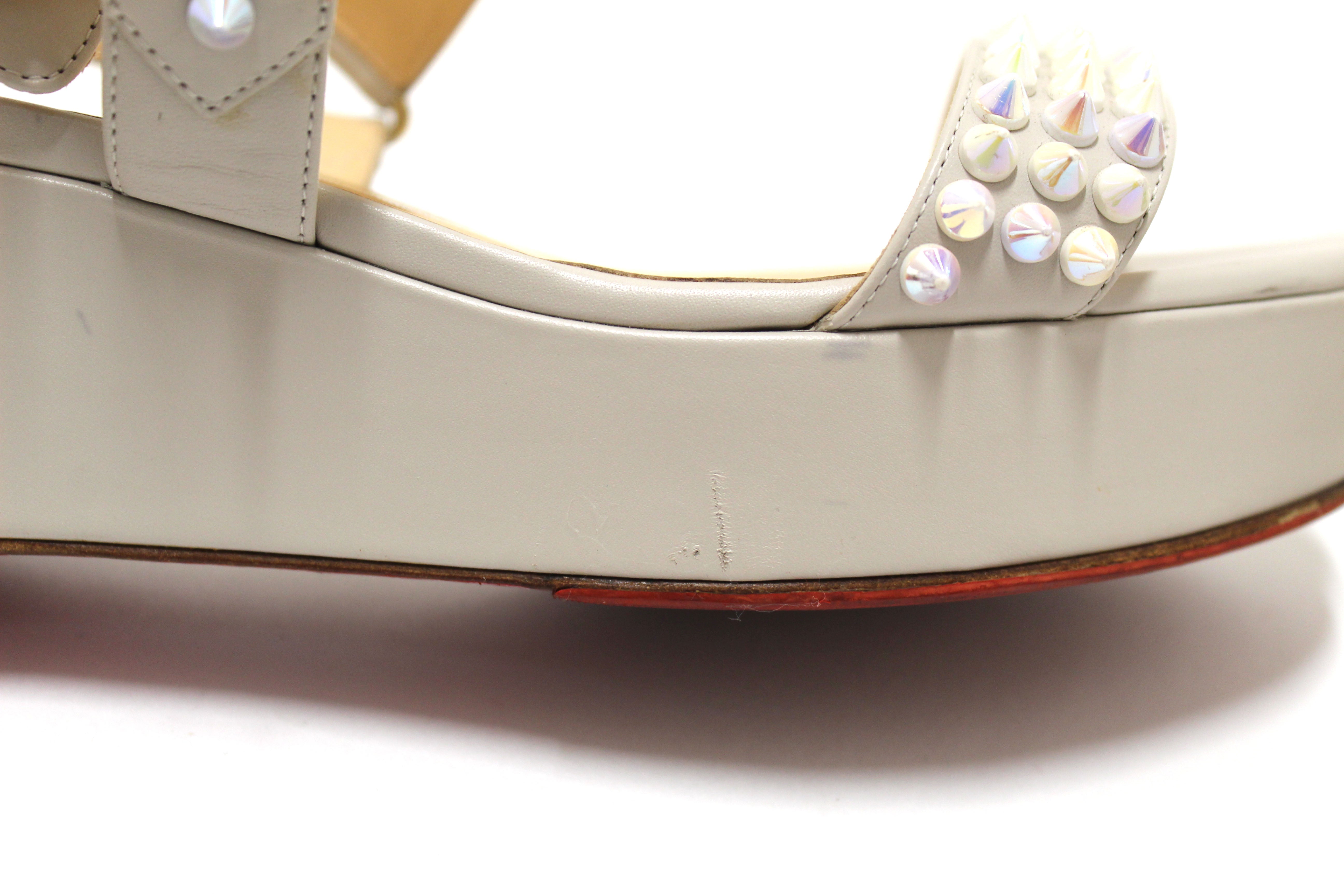 Authentic Christian Louboutin White Leather Cordorella Spikes Flatform Sandals Size 37.5