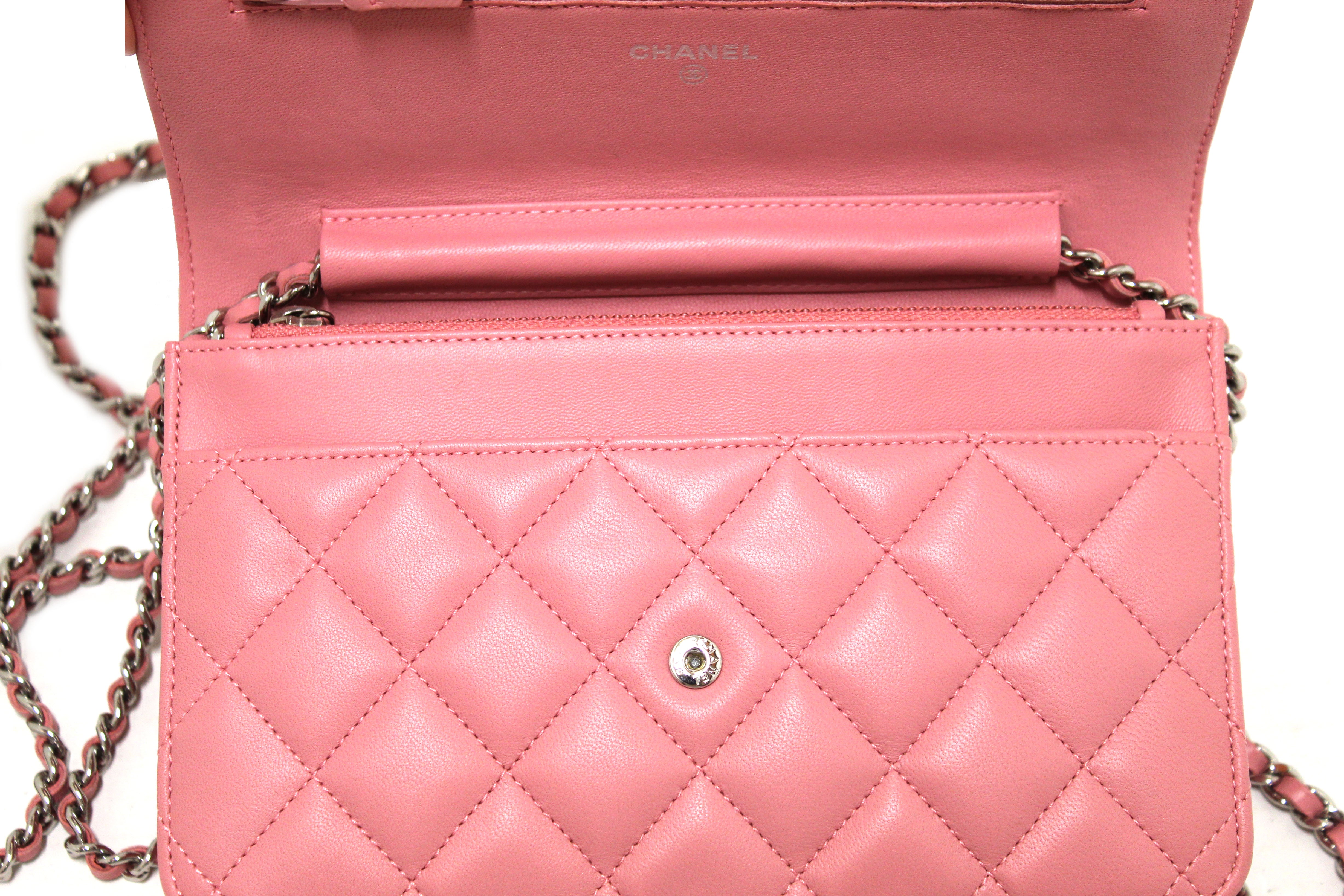 Authentic Chanel Pink Quilted Lambskin Leather Wallet On Chain WOC