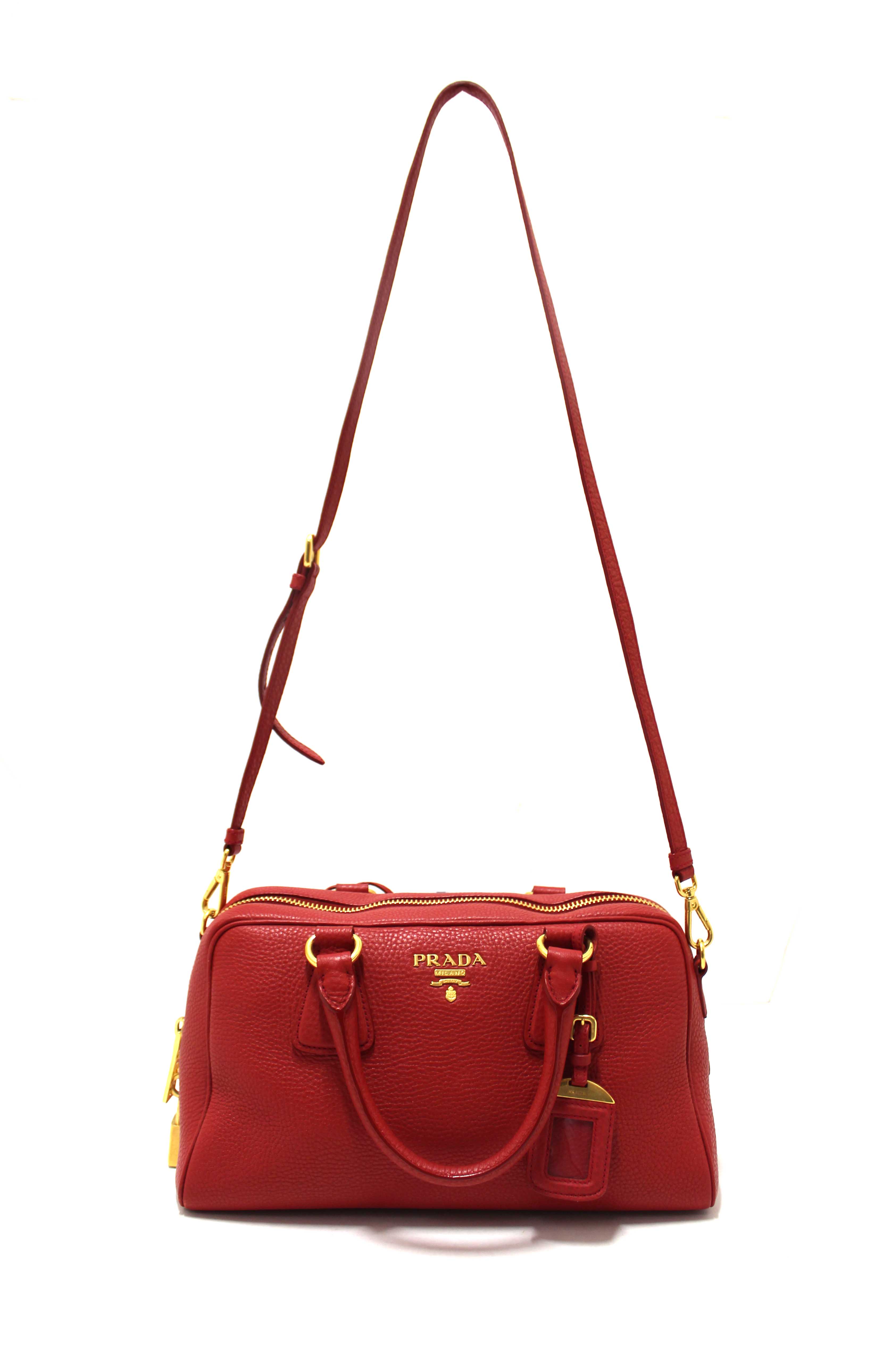 Authentic Prada Red Vitello Daino Bauletto Leather Bowling Bag