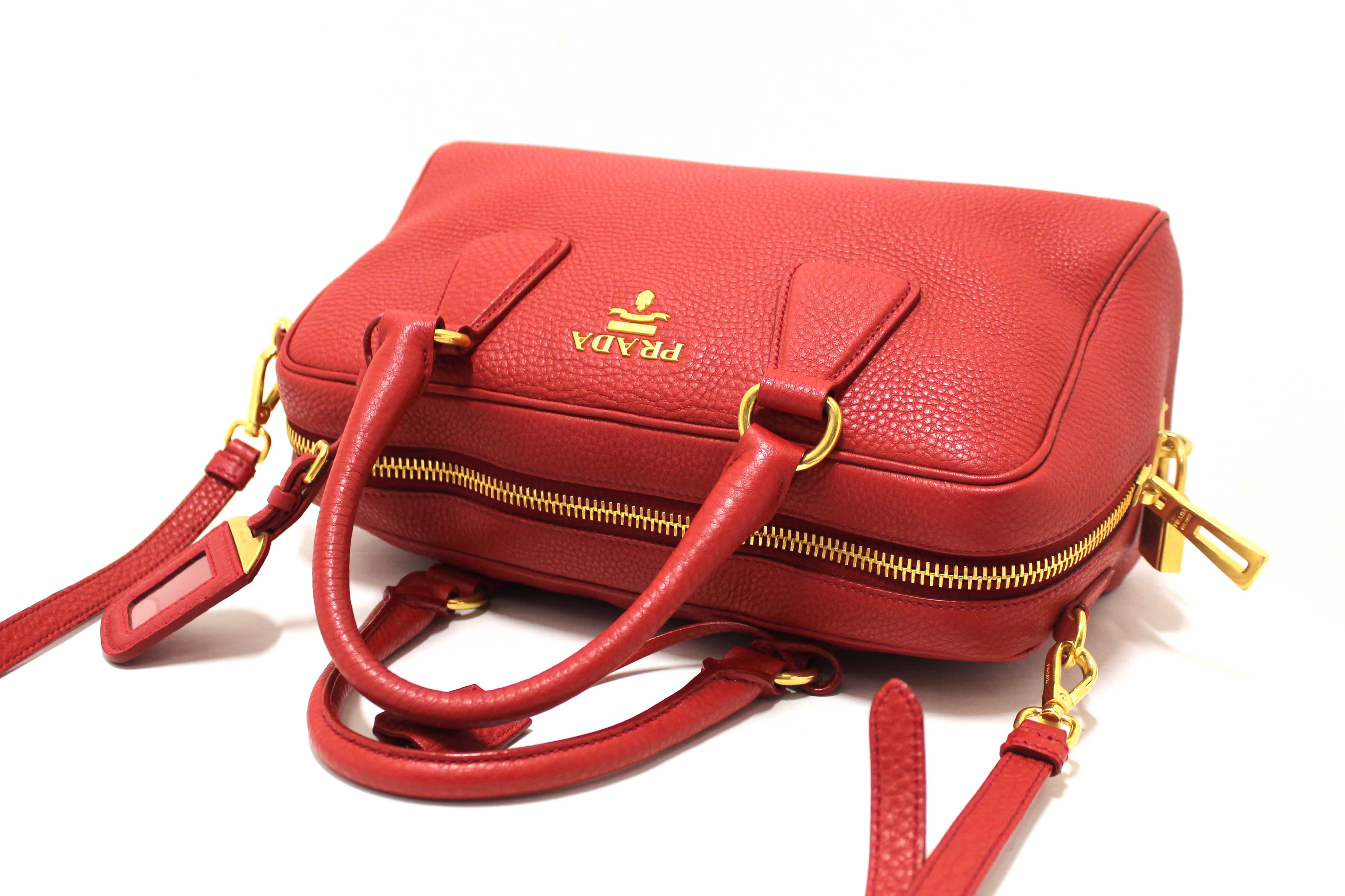 Authentic Prada Red Vitello Daino Bauletto Leather Bowling Bag