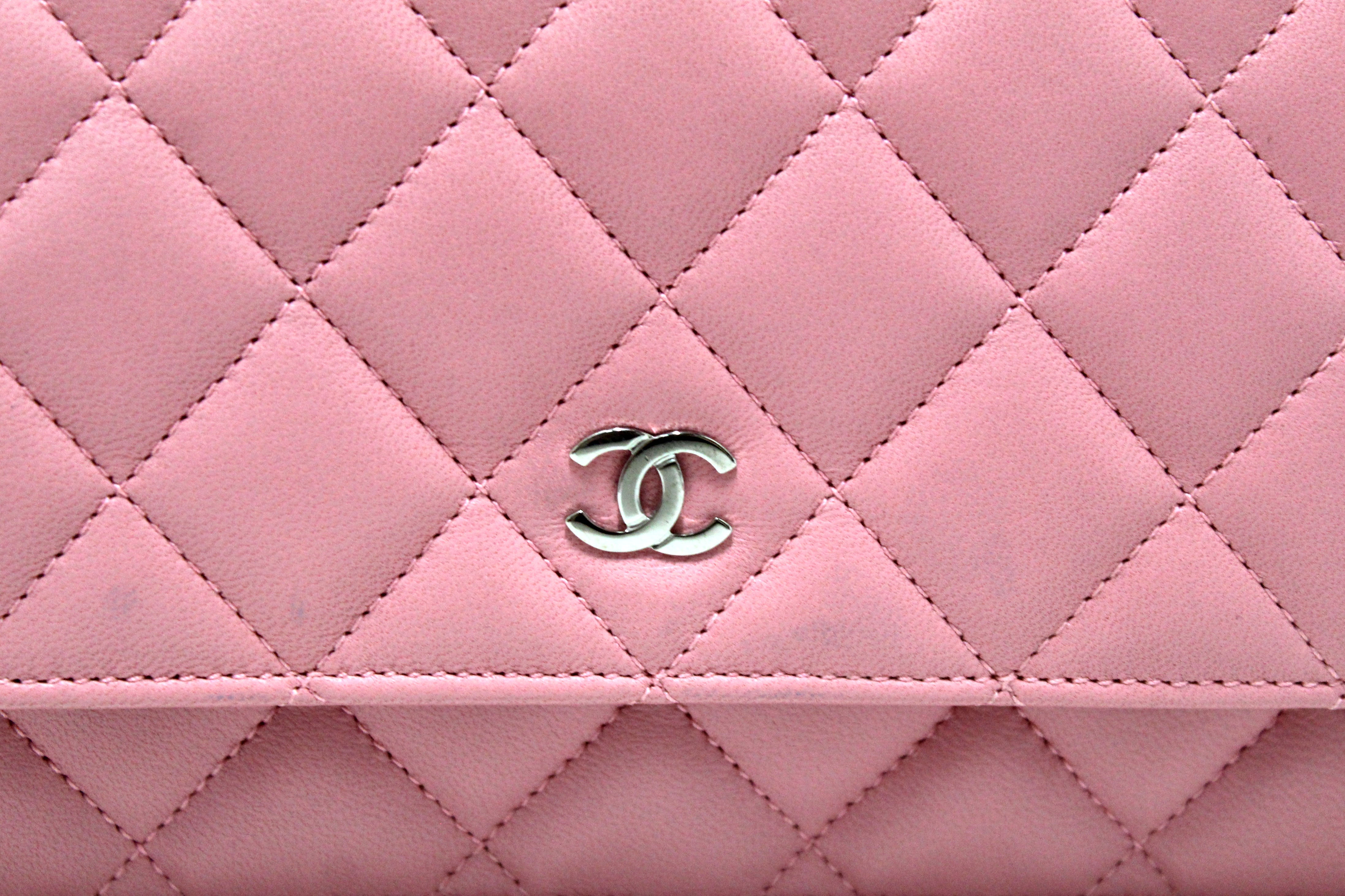 Chanel Pink Quilted Iridescent Caviar Leather Card Holder on Chain