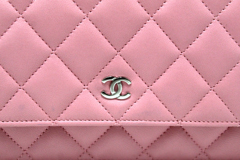 Authentic Chanel Pink Quilted Lambskin Leather Wallet On Chain WOC Messenger Bag