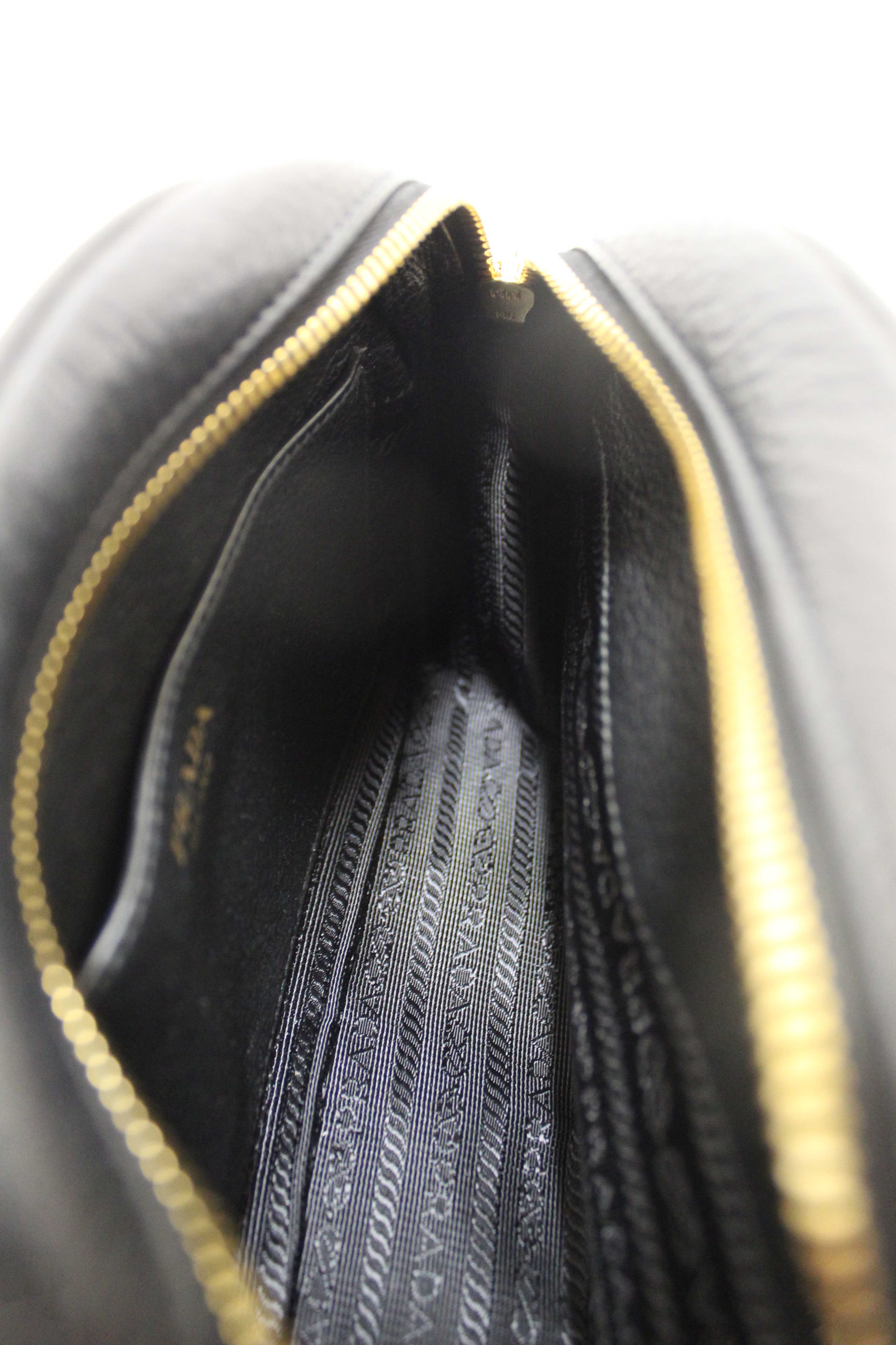 Authentic Prada Black Vitello Daino Bauletto Leather Messenger Bag