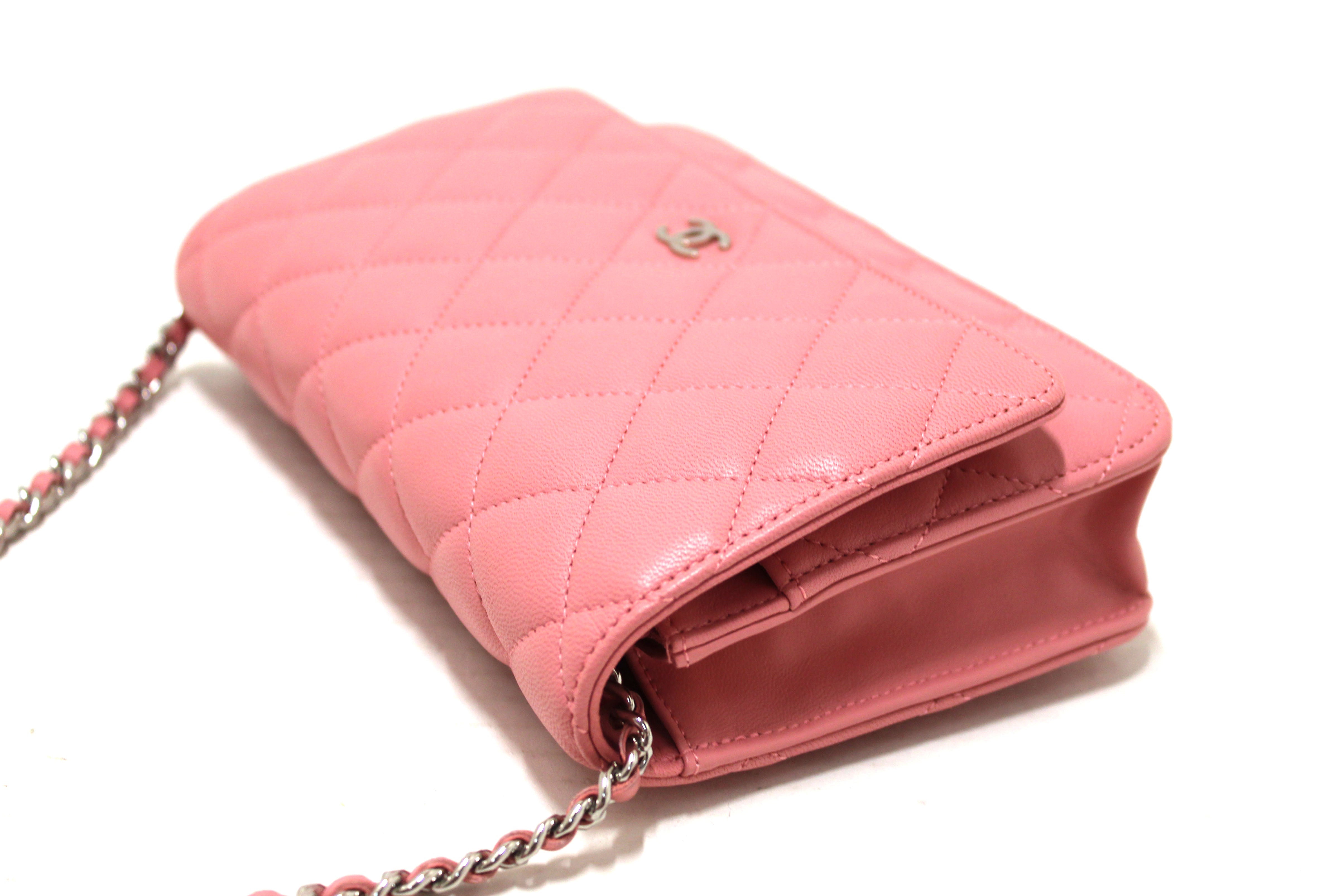 chanel pink wallet on a chain