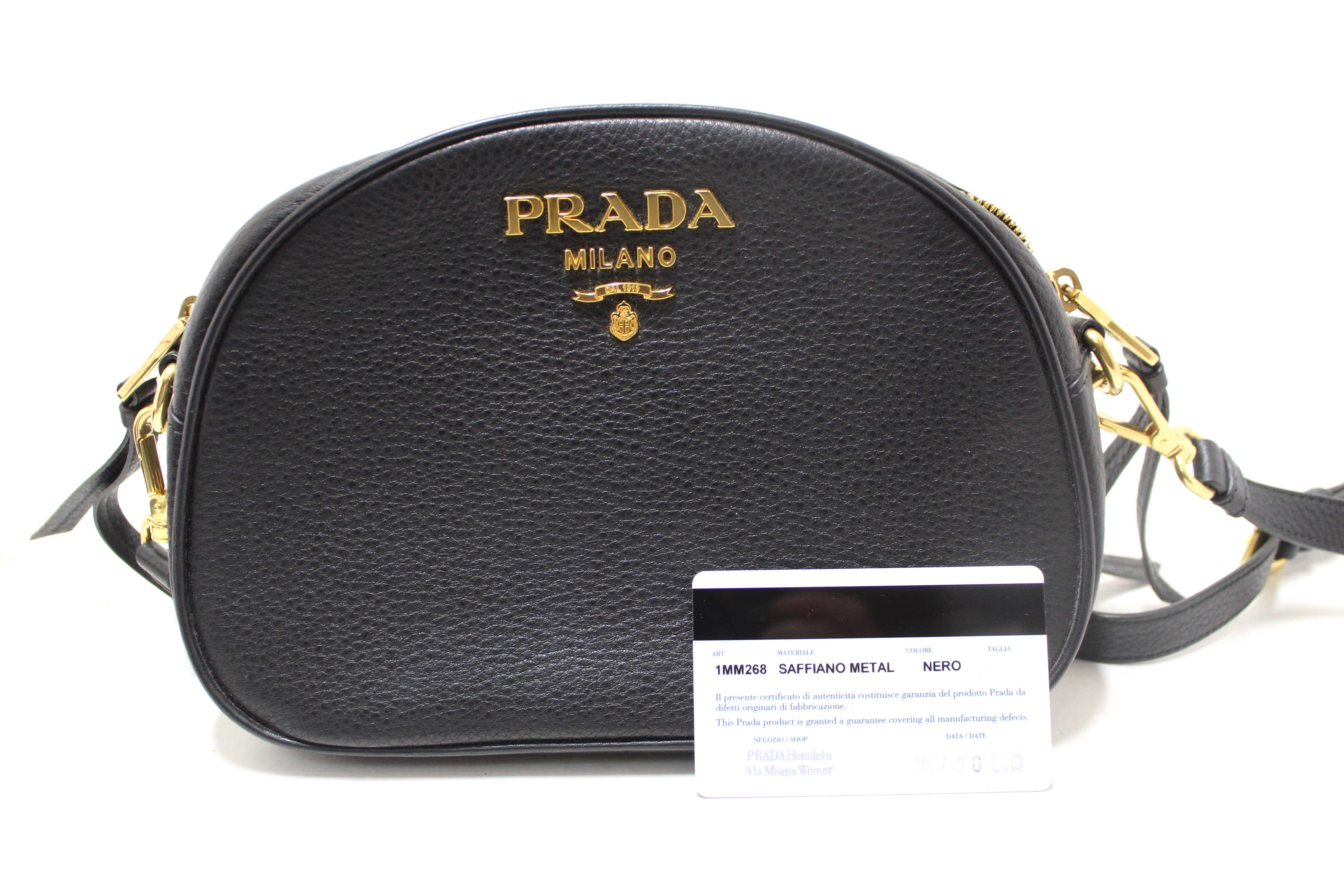 Authentic Prada Black Vitello Daino Bauletto Leather Messenger Bag