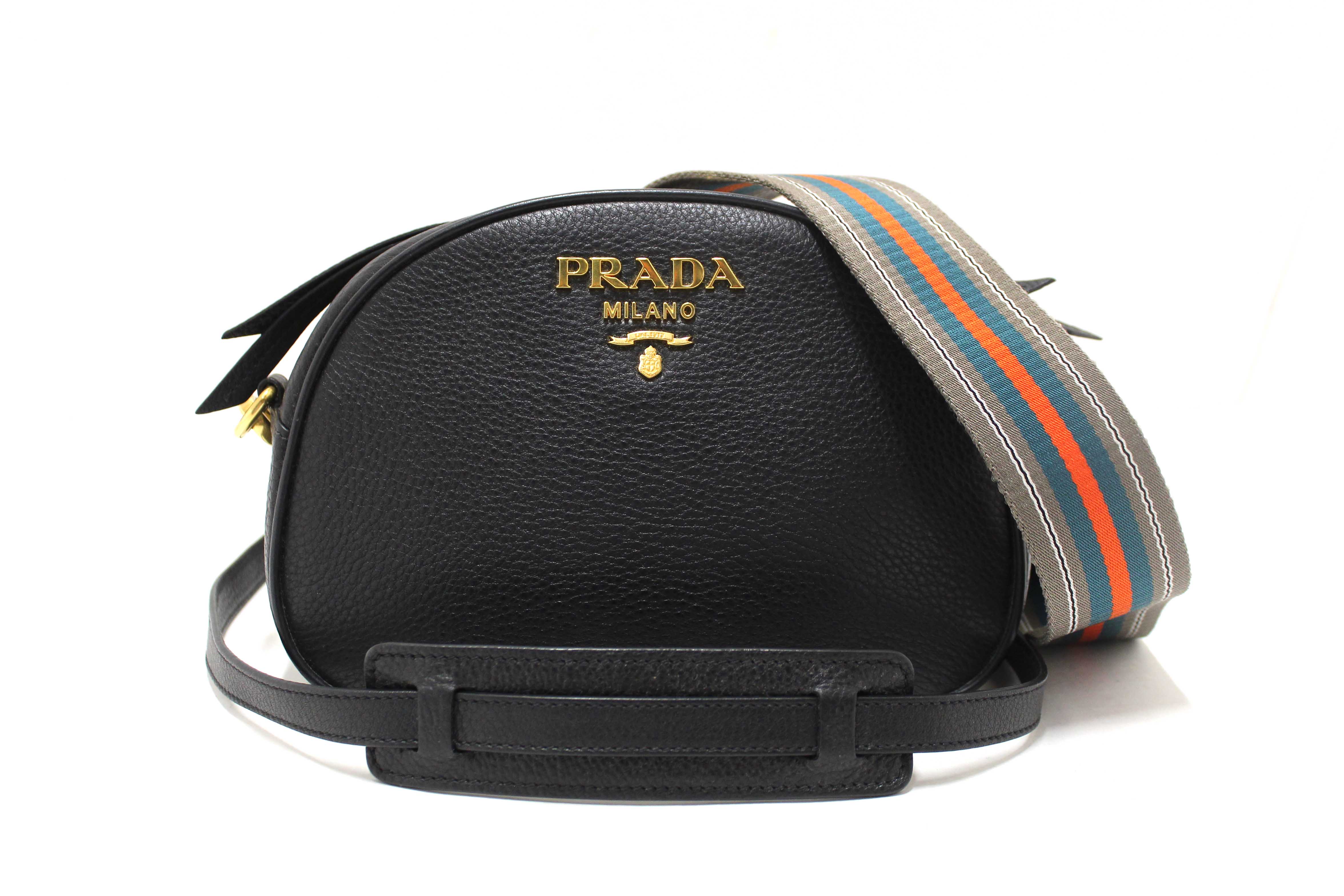 Authentic Prada Black Vitello Daino Bauletto Leather Messenger Bag