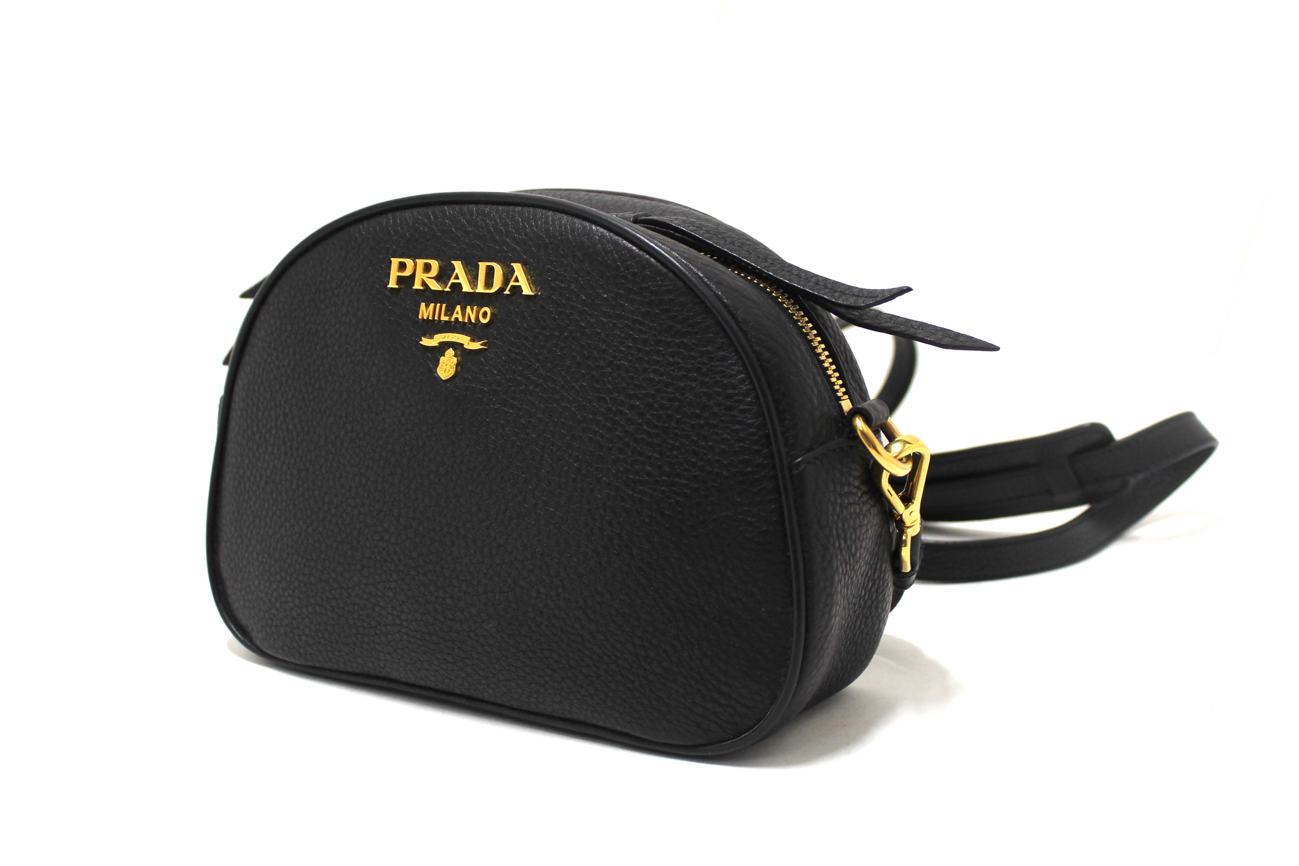 Authentic Prada Black Vitello Daino Bauletto Leather Messenger Bag