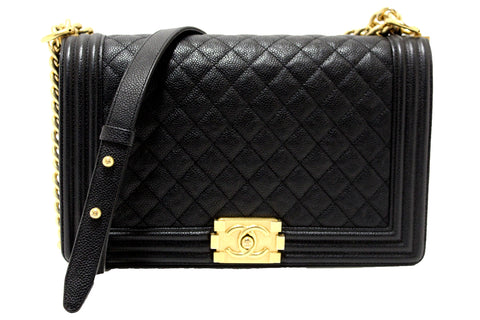 Authentic Chanel Black Quilted Caviar Leather New Medium Boy Shoulder Bag