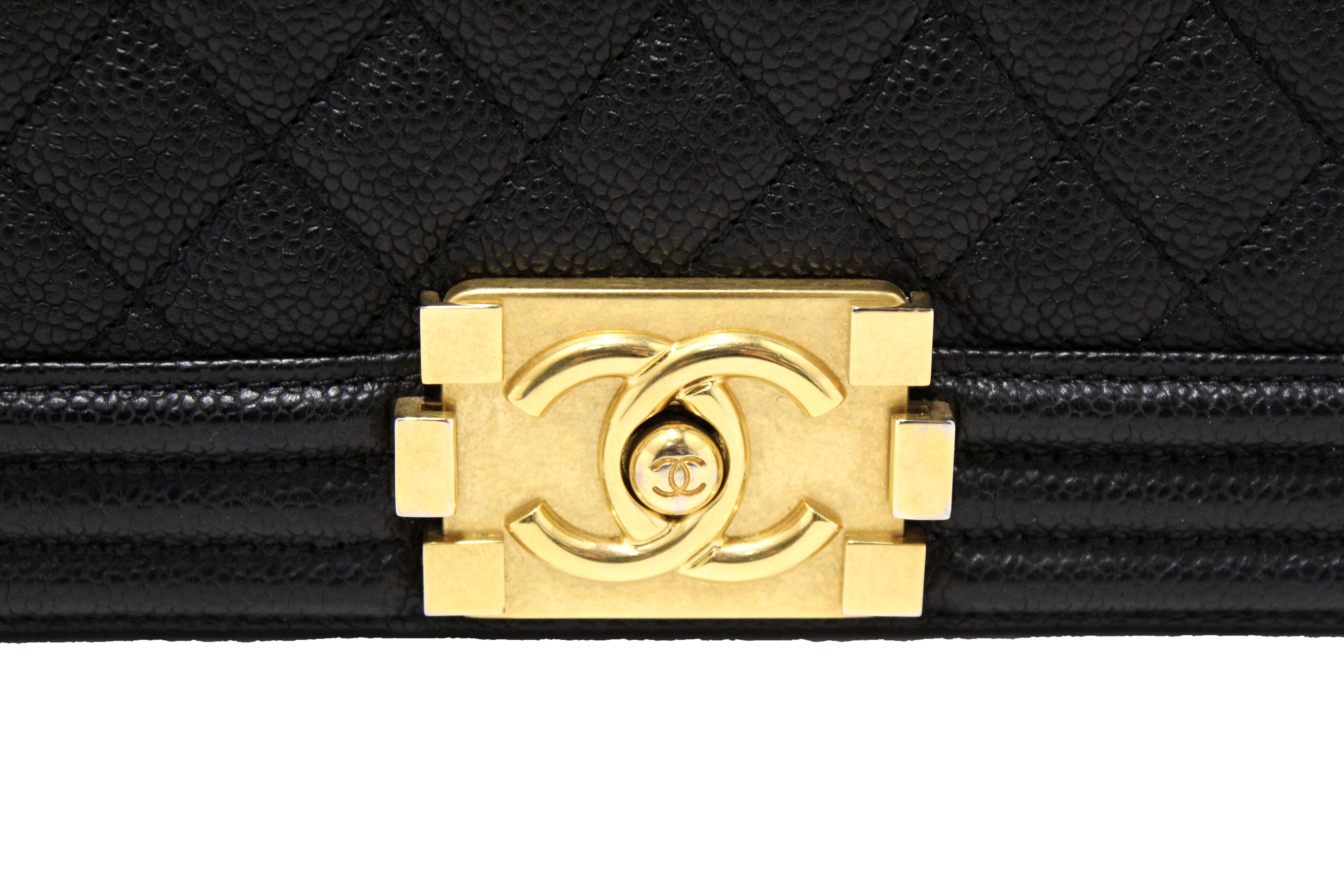 Authentic Chanel Black Quilted Caviar Leather New Medium Boy Shoulder Bag