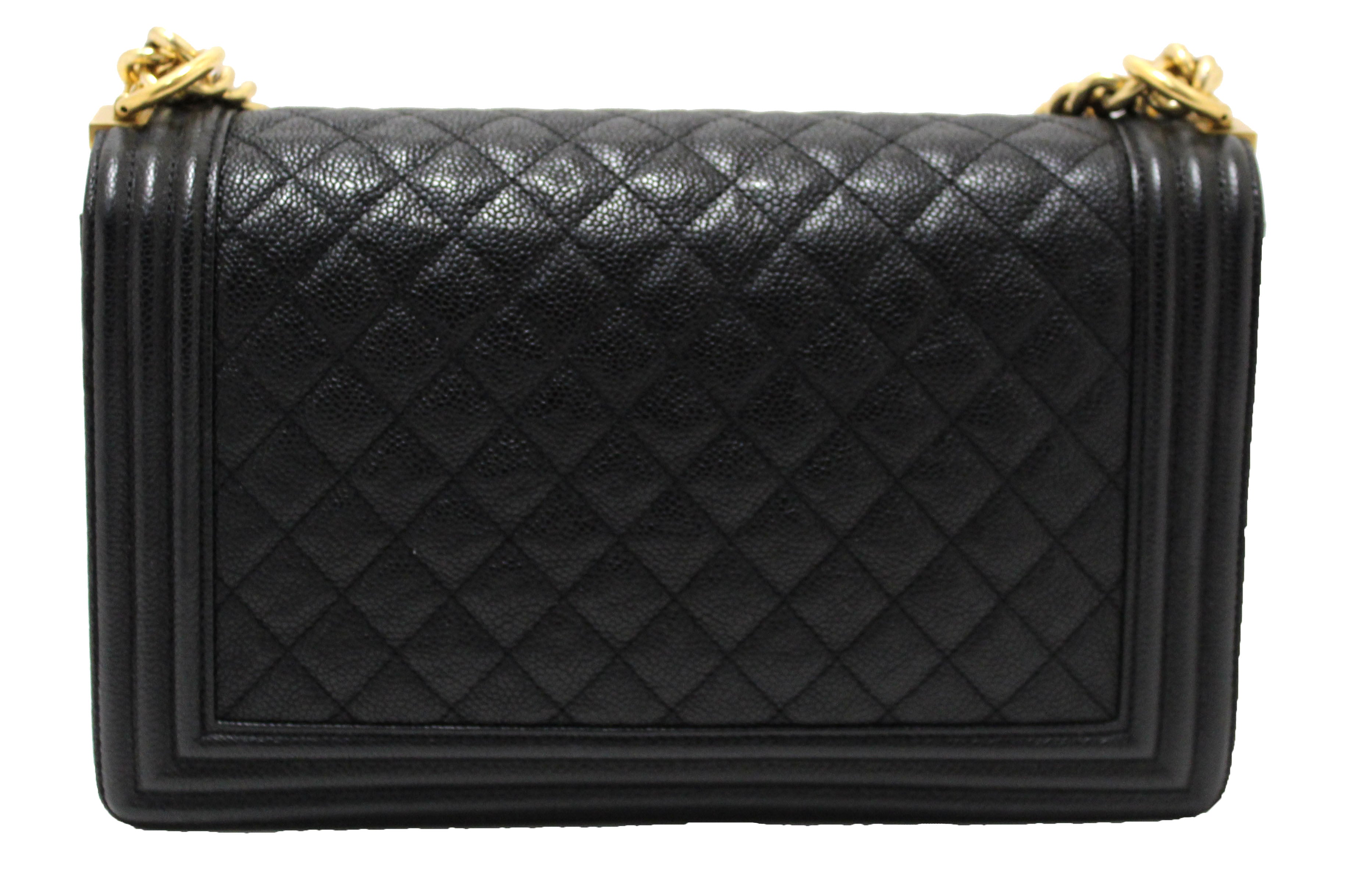 Authentic Chanel Black Quilted Caviar Leather New Medium Boy Shoulder Bag