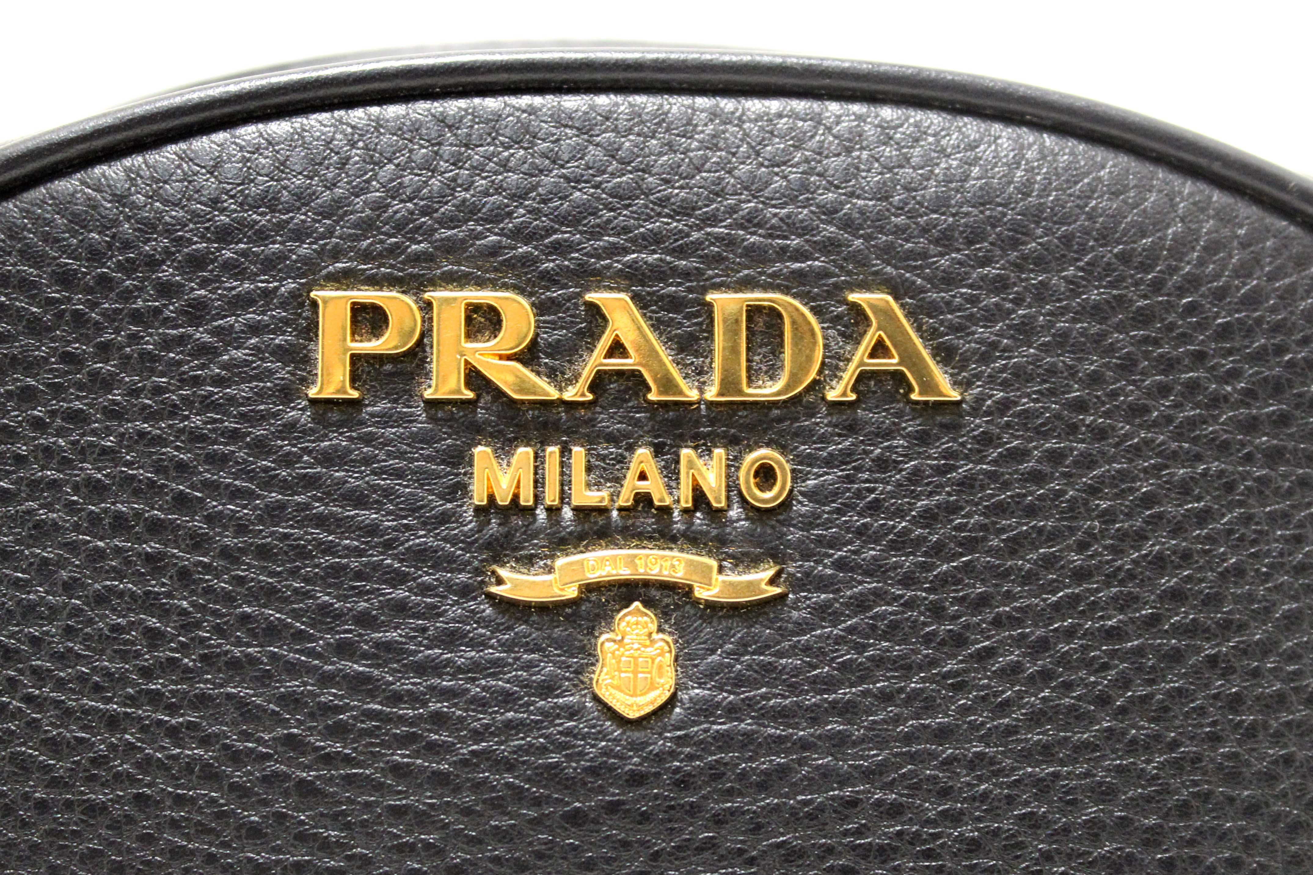 Authentic Prada Black Vitello Daino Bauletto Leather Messenger Bag