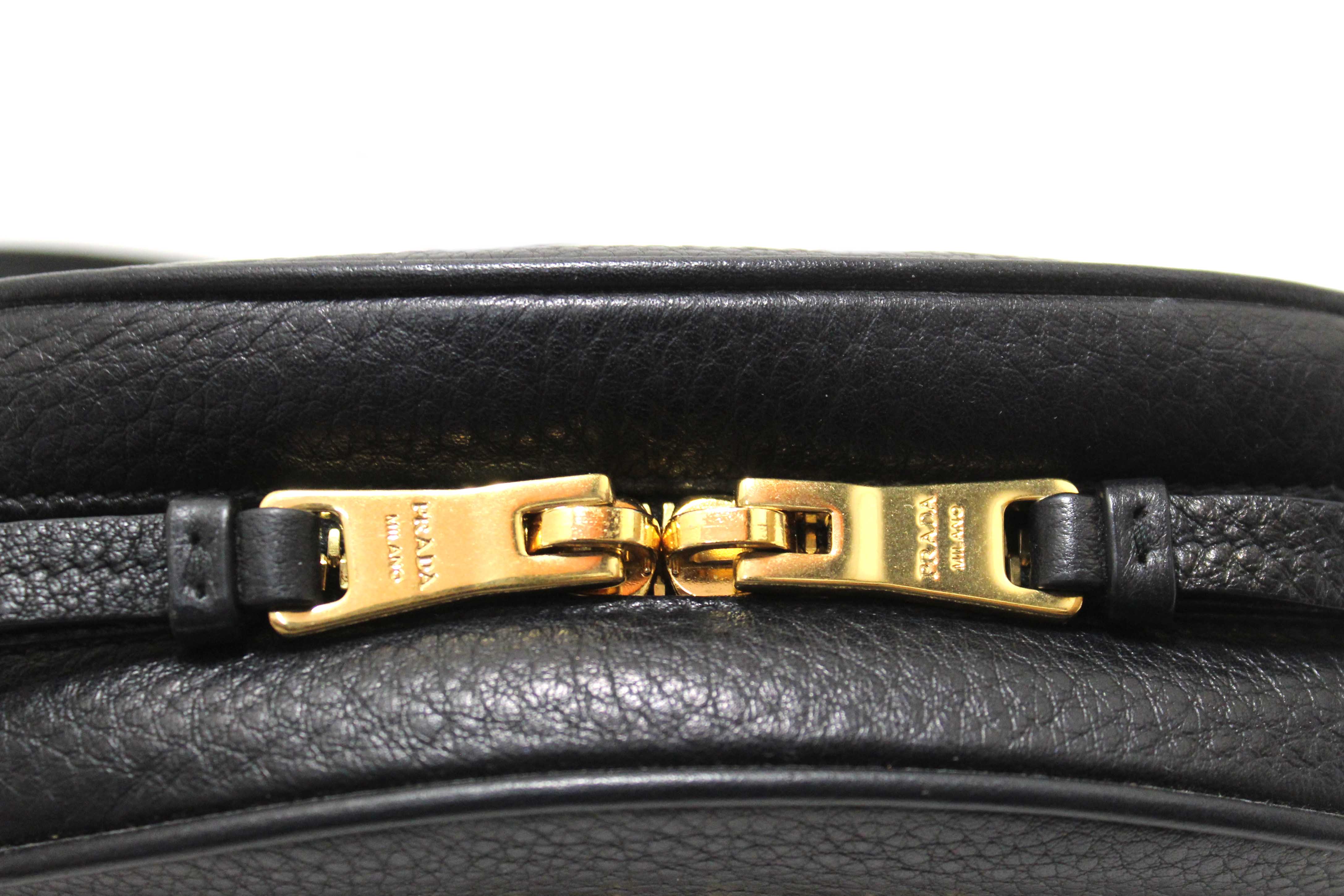 Authentic Prada Black Vitello Daino Bauletto Leather Messenger Bag