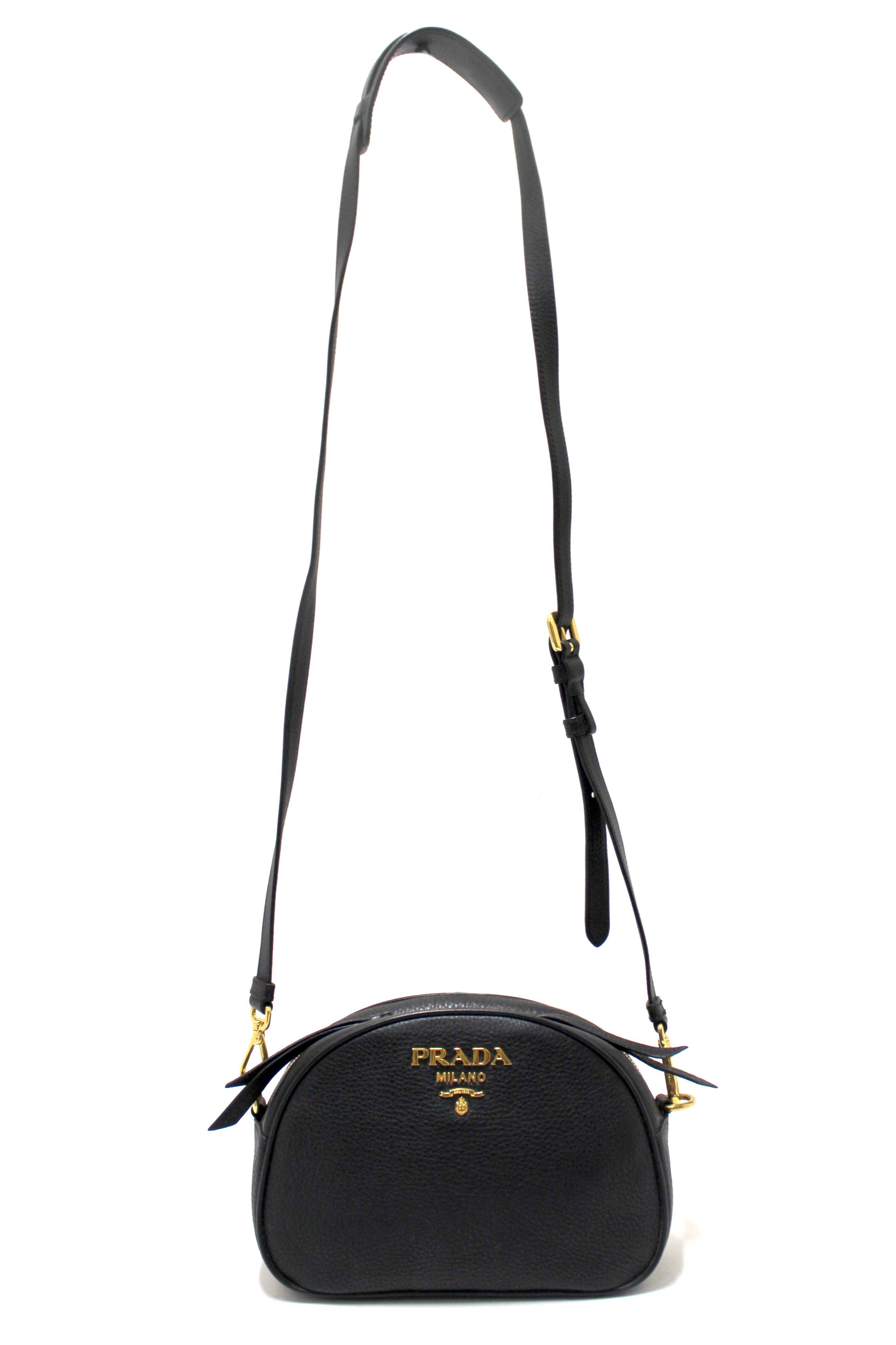 Authentic Prada Black Vitello Daino Bauletto Leather Messenger Bag