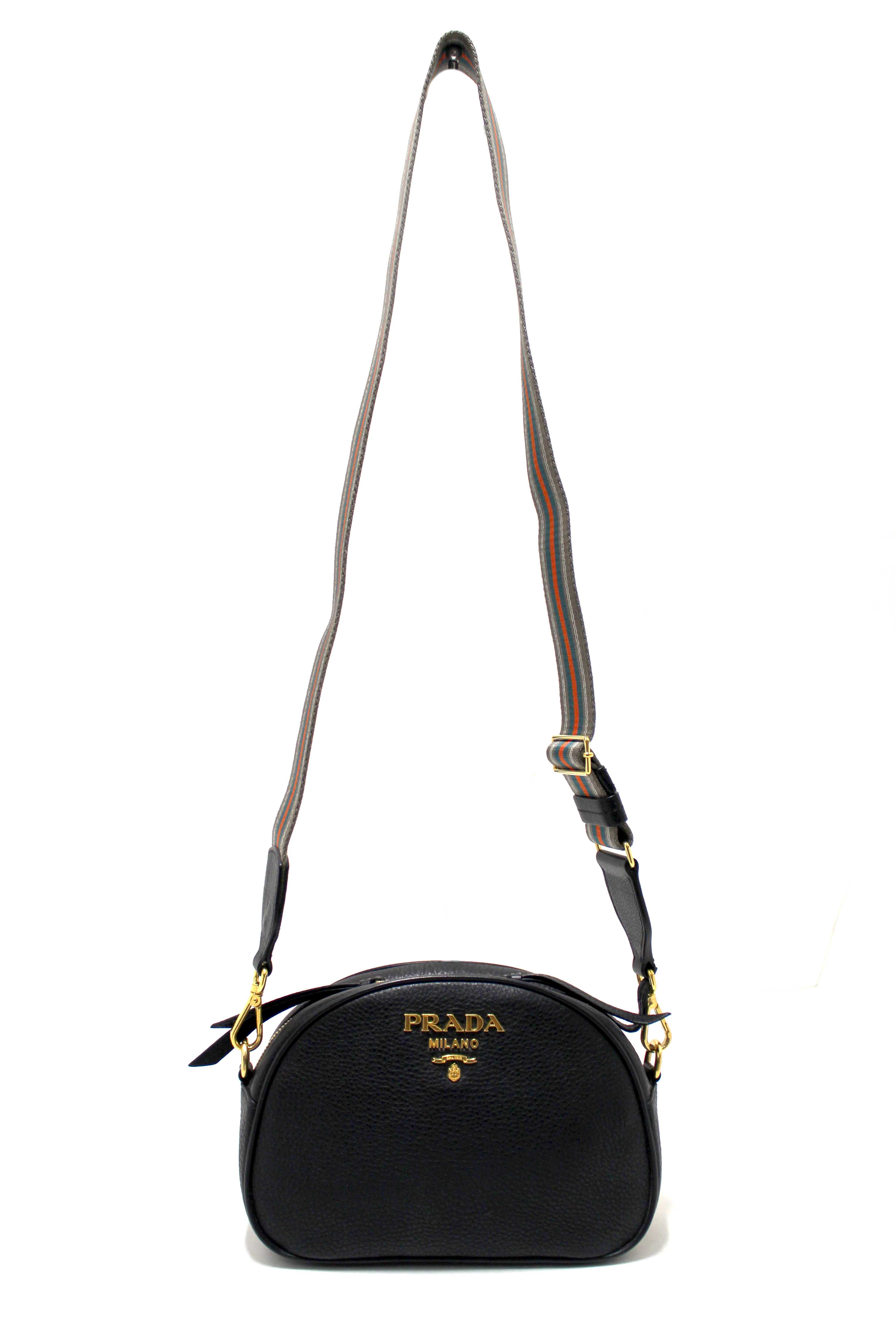 Authentic Prada Black Vitello Daino Bauletto Leather Messenger Bag