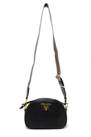 Authentic Prada Black Vitello Daino Bauletto Leather Messenger Bag