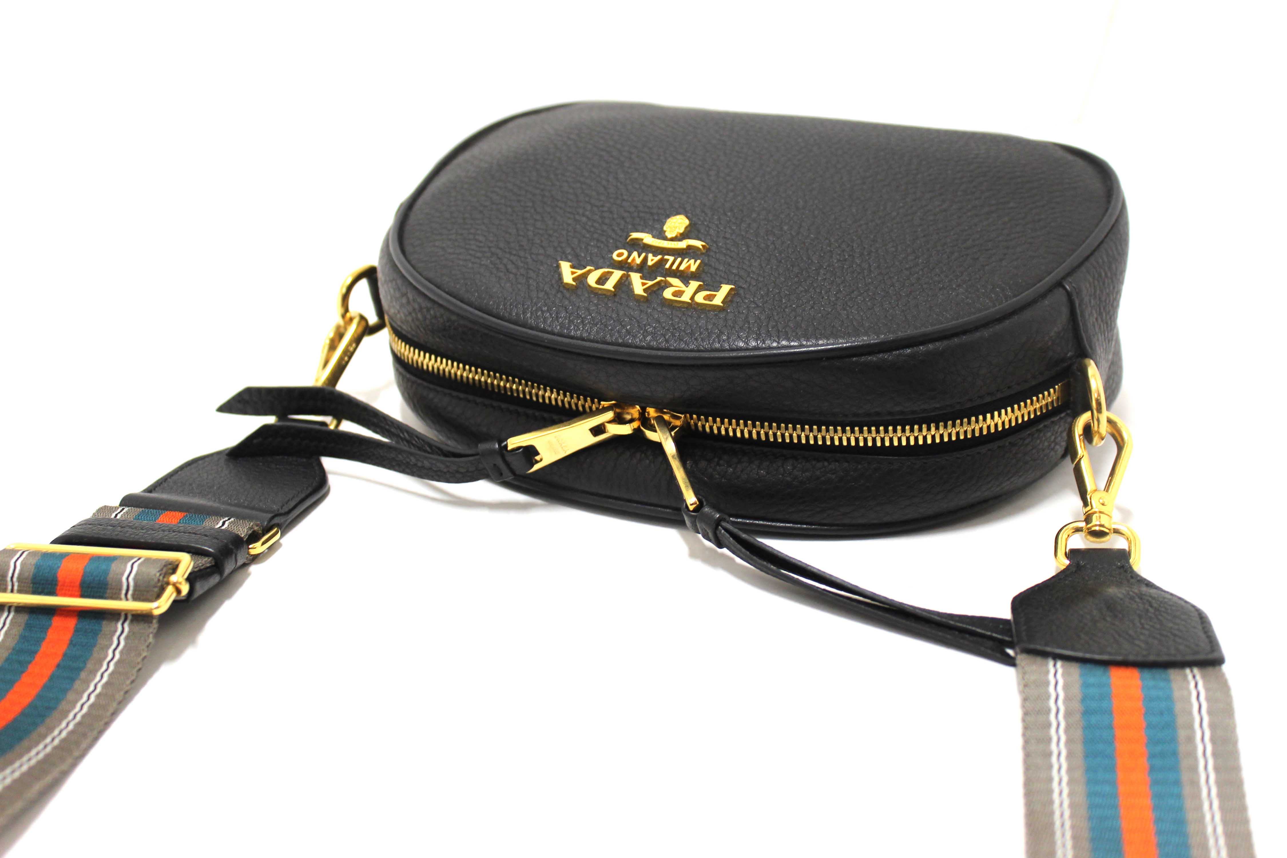 Authentic Prada Black Vitello Daino Bauletto Leather Messenger Bag