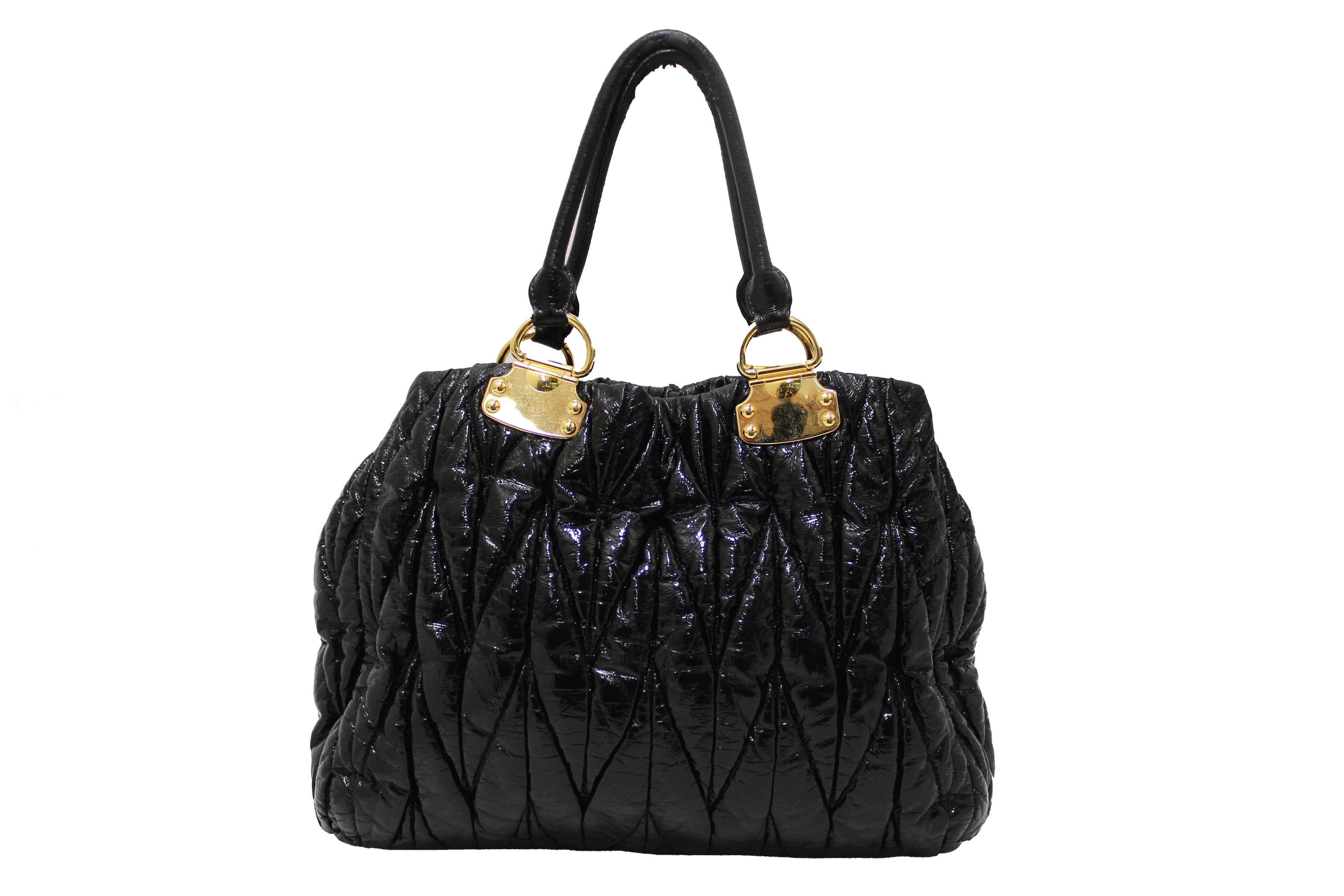 Authentic Miu Miu Black Matelasse Distressed Leather Large Tote