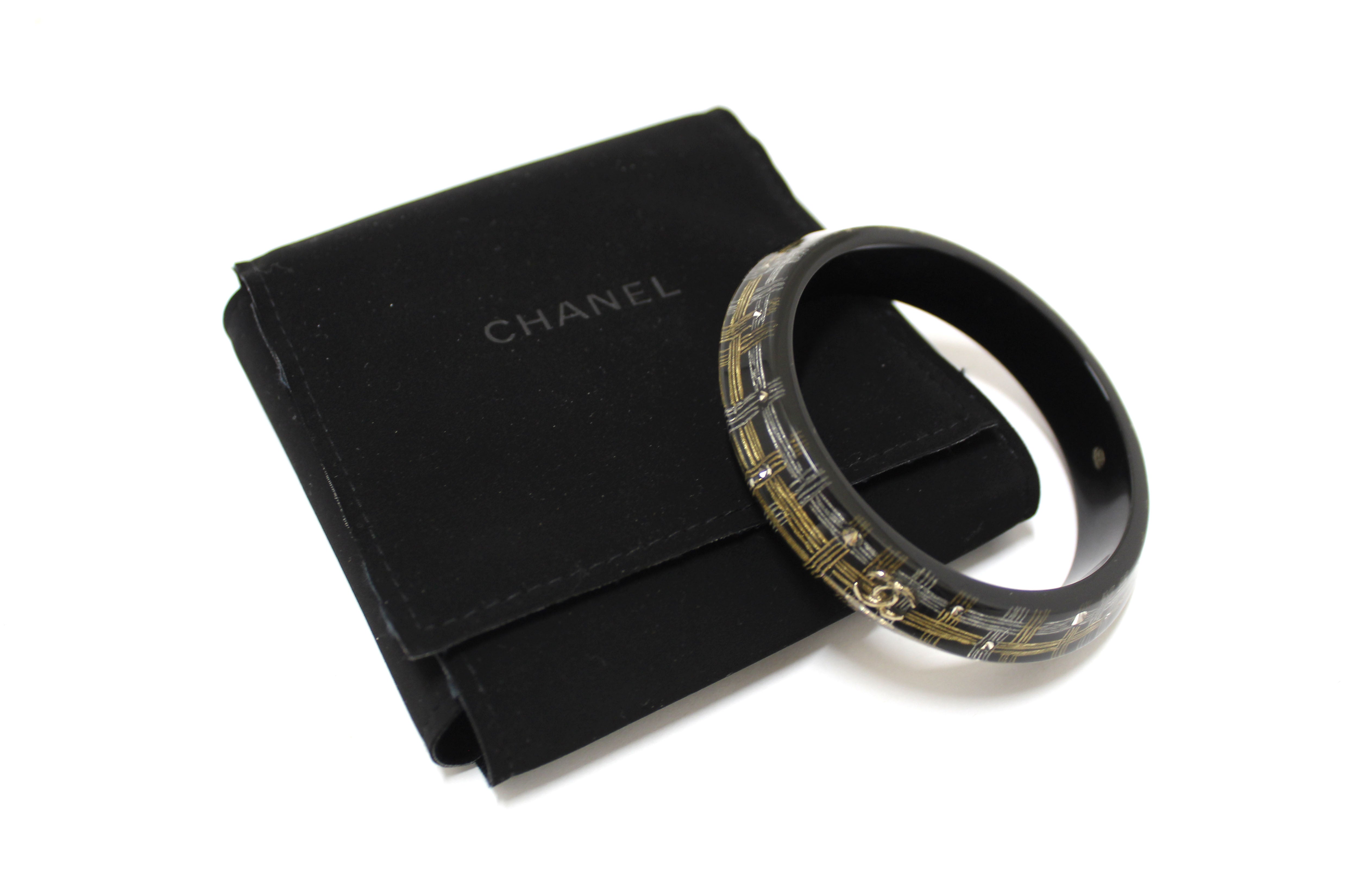 Authentic Chanel Black Resin and Crystal Bangle Bracelet